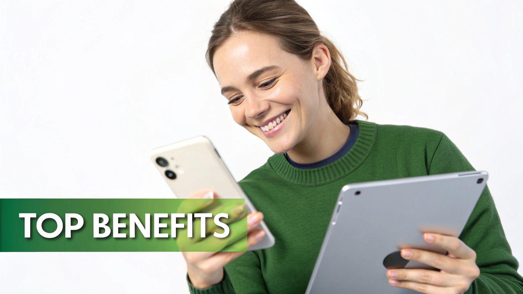 A smiling woman happily looks at her smartphone while holding a tablet.
