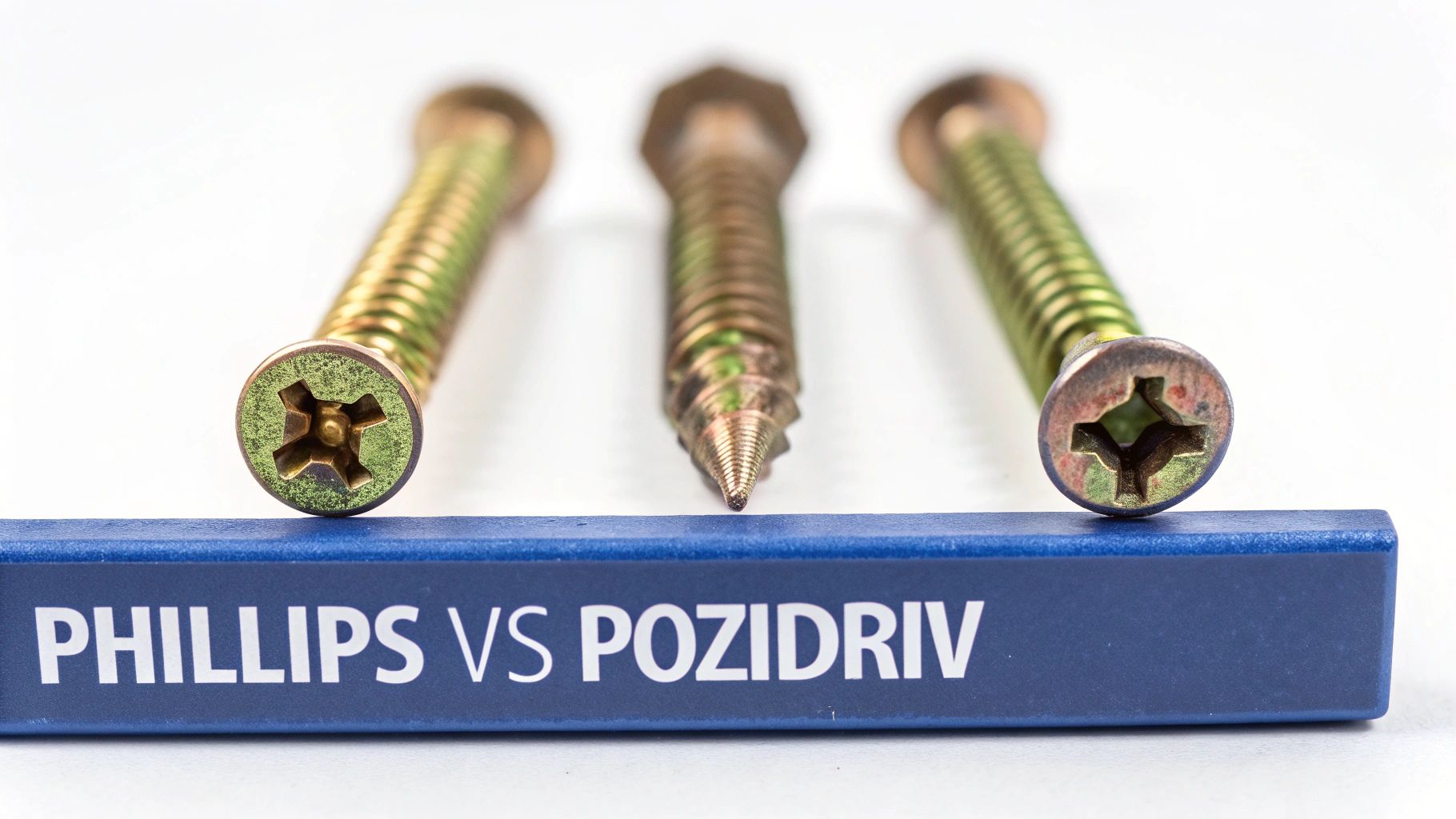 Three screws, a Phillips head and a Pozidriv head, displayed above a 'Phillips vs Pozidriv' label.