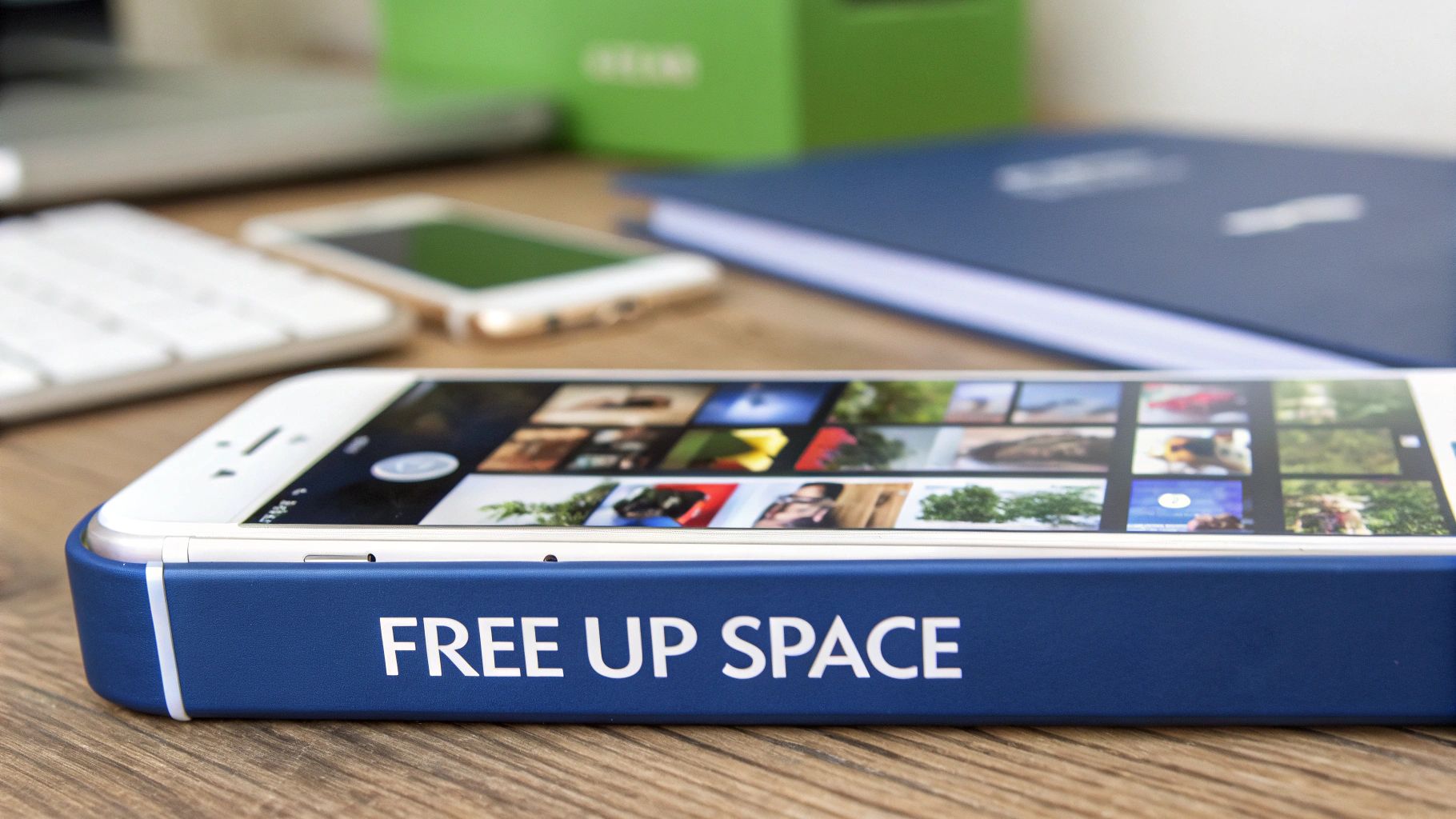An iPhone displaying a photo gallery, sitting on a blue device that reads 'FREE UP SPACE', on a wooden desk.