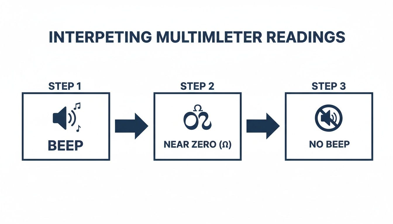 Diagram showing three steps for interpreting multimeter readings: beep, near zero resistance, and no beep.