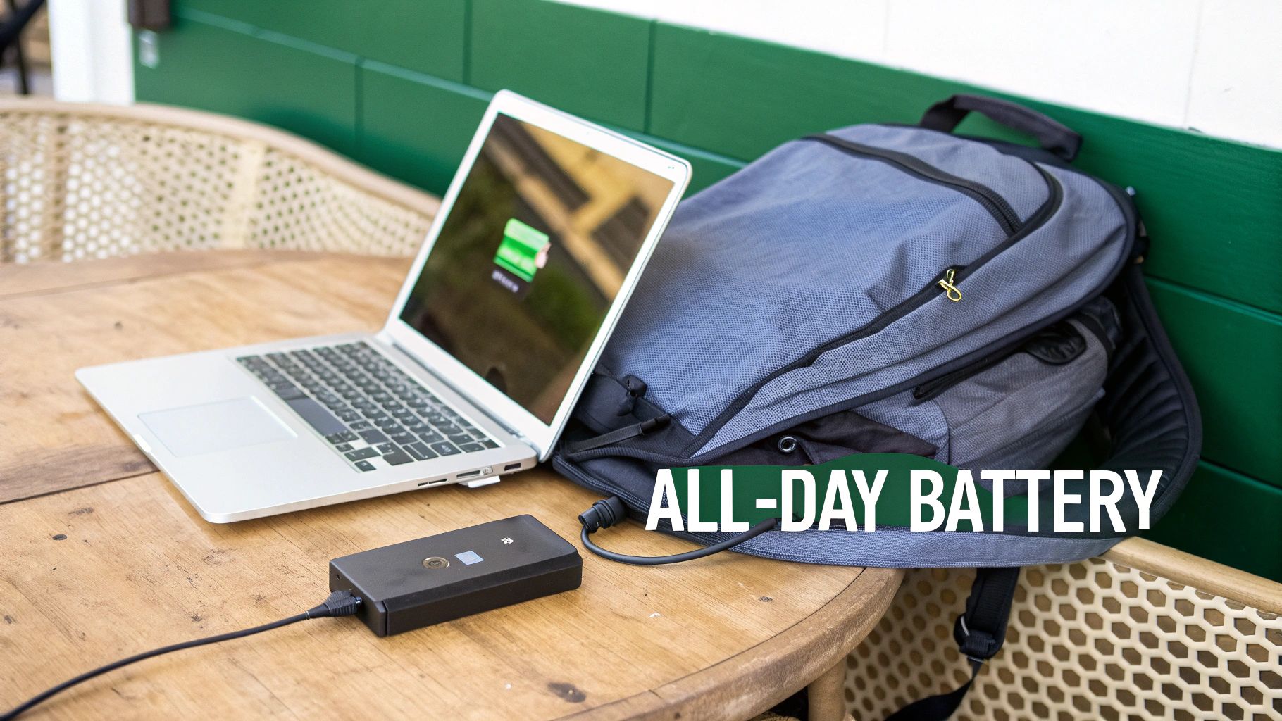 Silver laptop charging from a portable power bank on a wooden table, next to a grey backpack.
