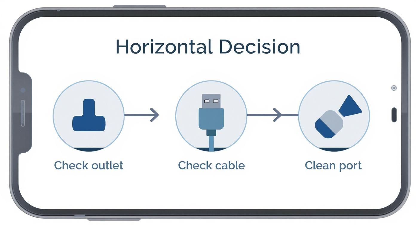 Infographic decision tree showing the steps to check why a phone is not charging: Check Outlet, Check Cable, Clean Port.