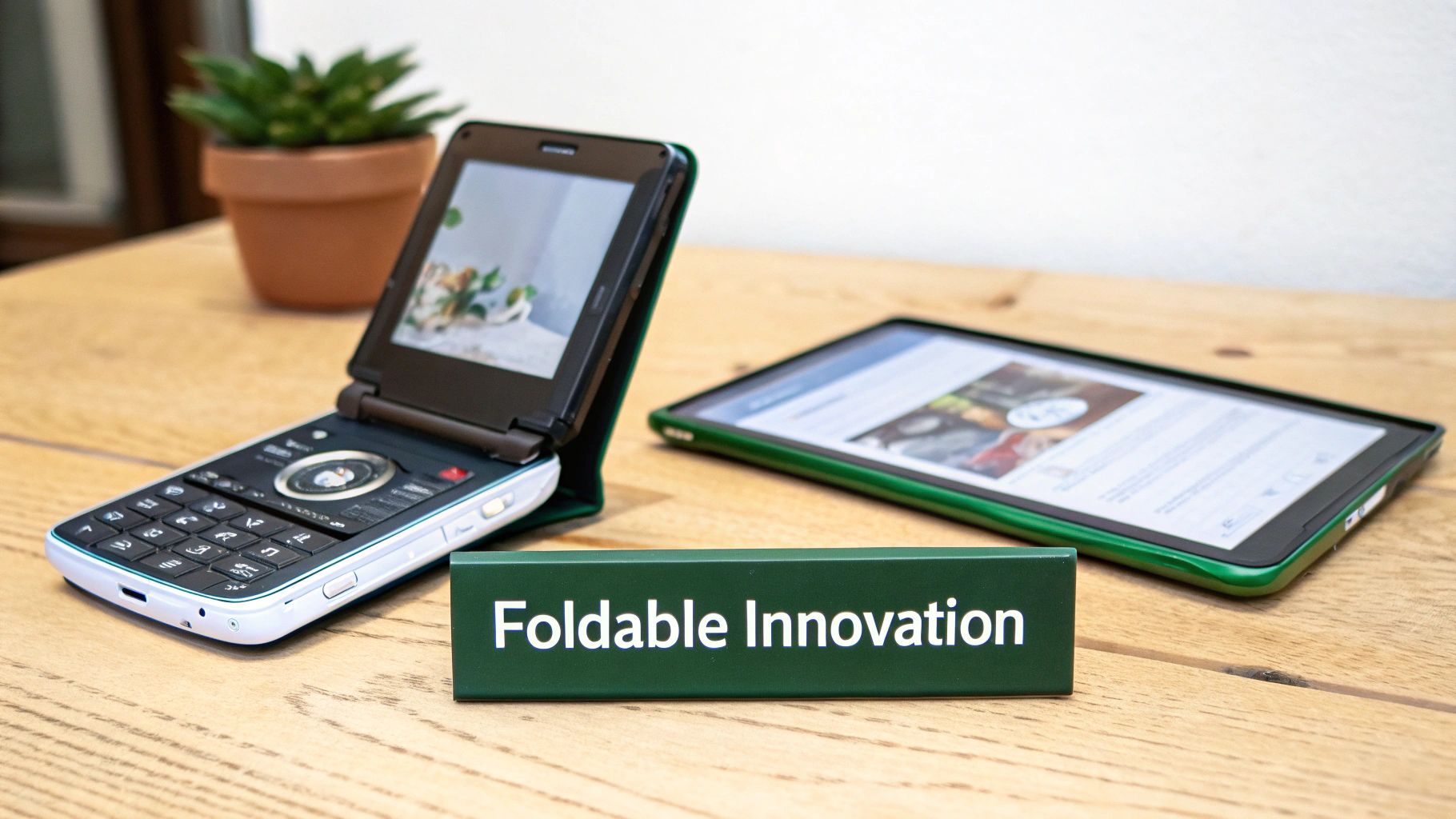 A green "Foldable Innovation" sign, an opened flip phone, and a tablet on a wooden surface.