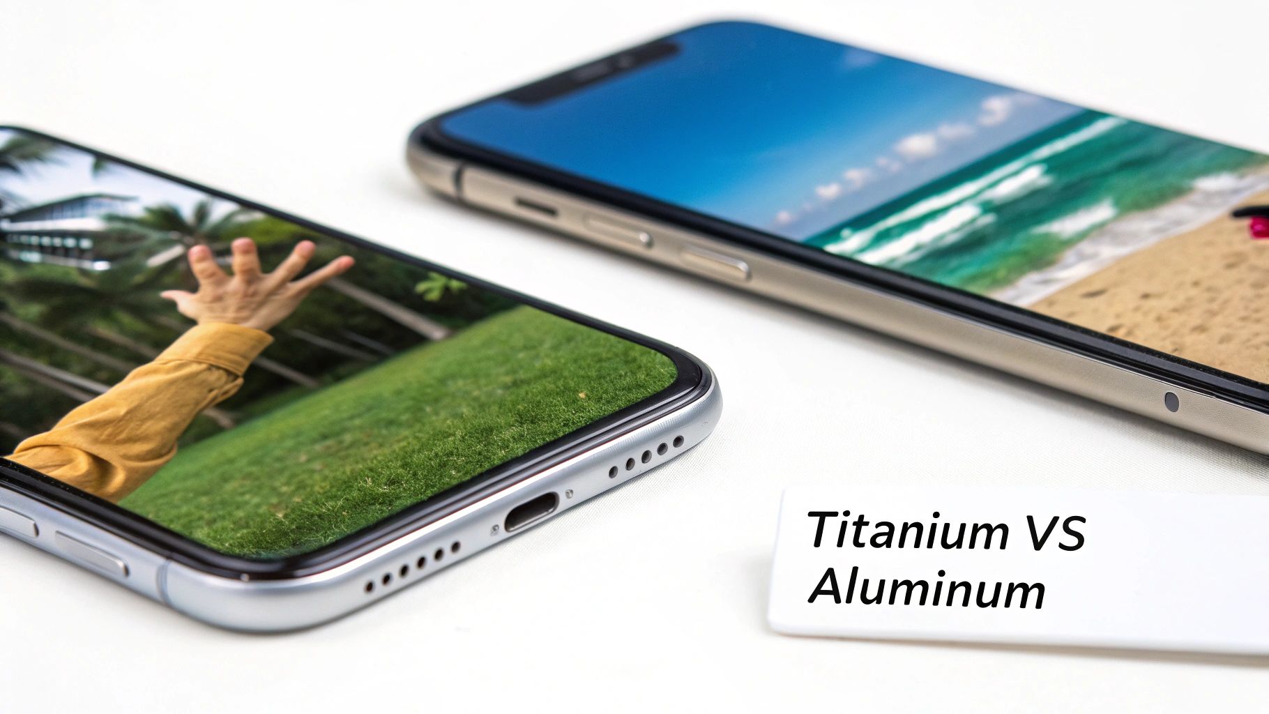 Close-up of two smartphones on white, one with a hand, the other with a beach, comparing Titanium vs Aluminum.