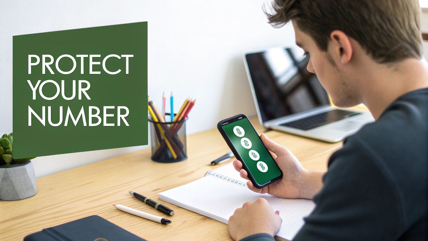 A person holds a smartphone displaying currency symbols, next to a sign saying 'PROTECT YOUR NUMBER'.