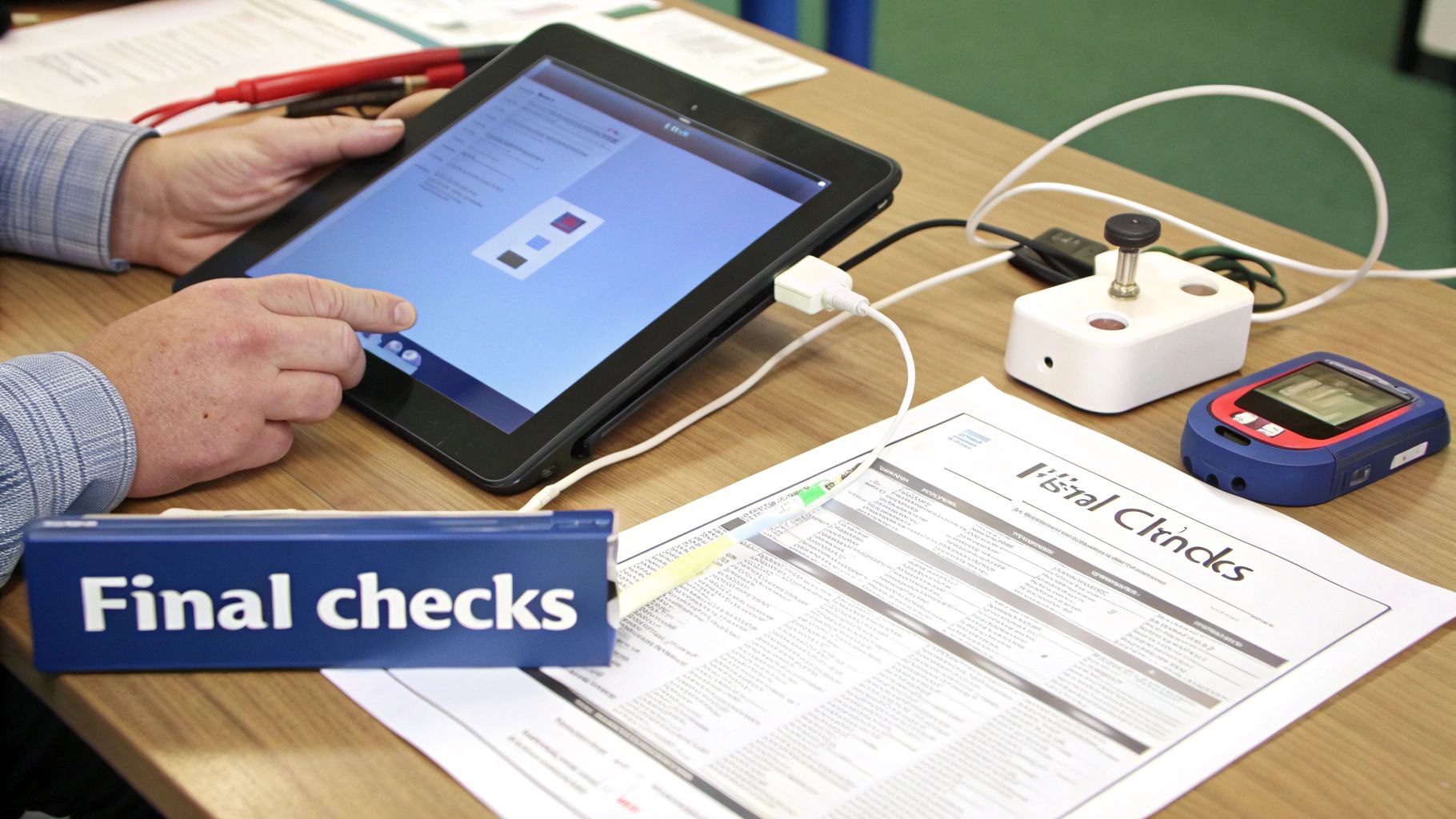 A person uses an iPad connected to diagnostic tools on a table with a 'Final checks' sign.