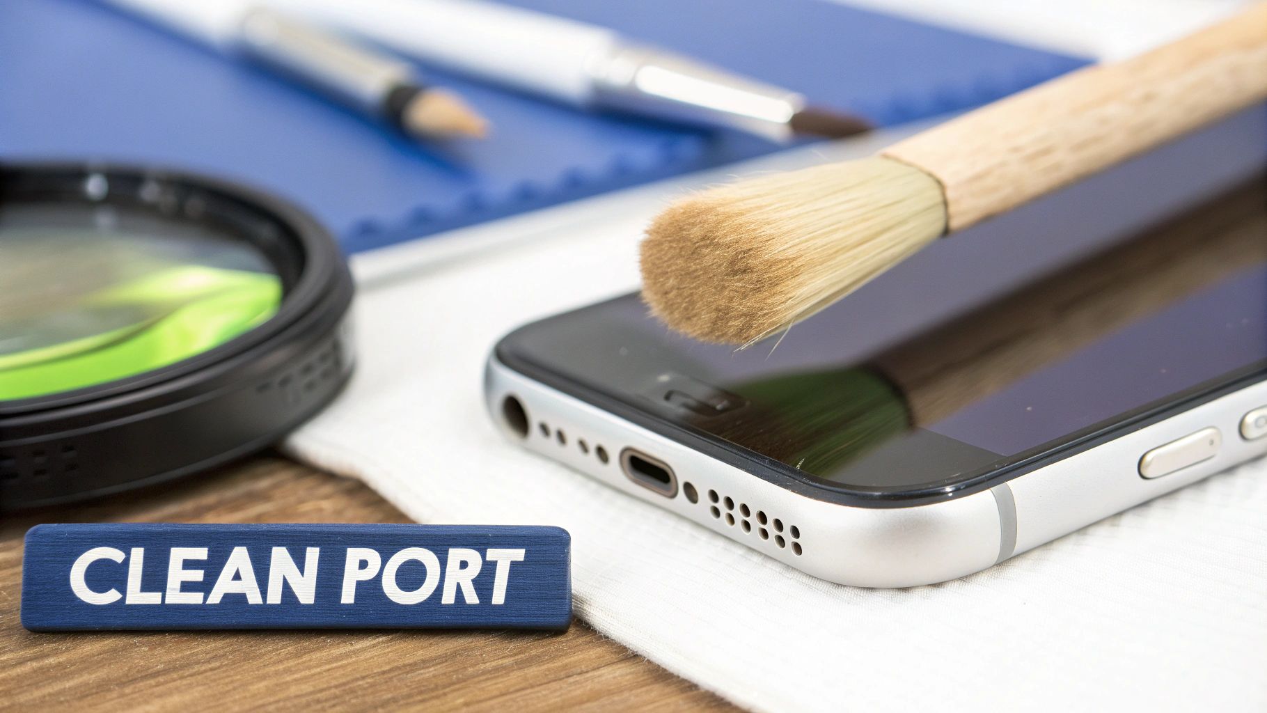 A small brush is used to clean the charging port of a silver iPhone, with a magnifying glass and a 'CLEAN PORT' sign nearby.