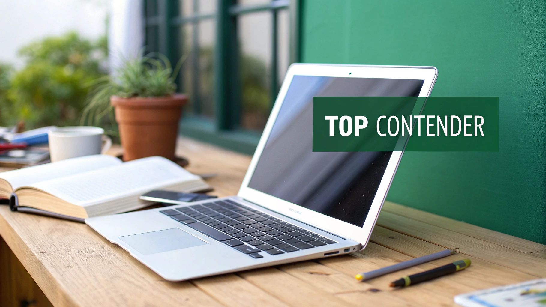 A MacBook Air laptop on a wooden desk with an open book, coffee, and potted plant.