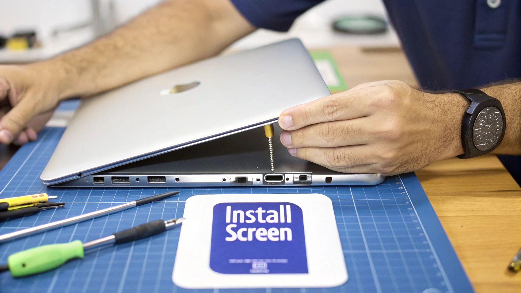 Hands opening a silver MacBook Pro laptop with a screwdriver, preparing for screen replacement on a blue mat with tools.