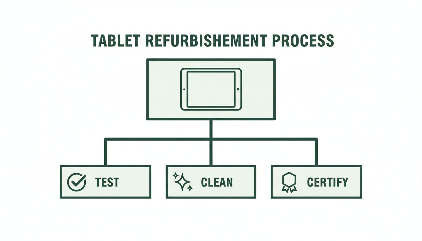 Flowchart illustrating the tablet refurbishment process, including testing, cleaning, and certifying steps.