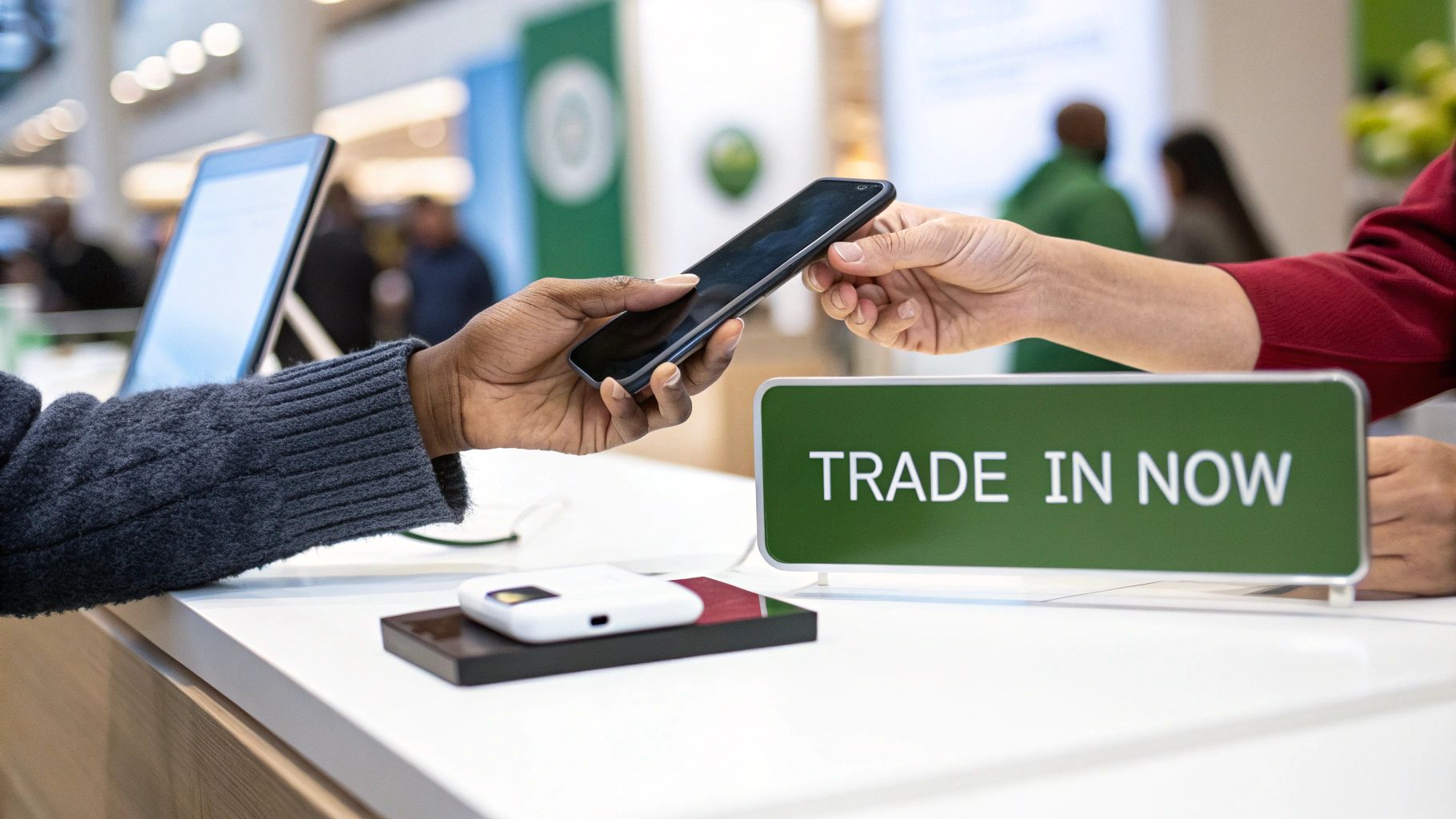 Two people exchanging a smartphone over a counter with a 'TRADE IN NOW' sign.