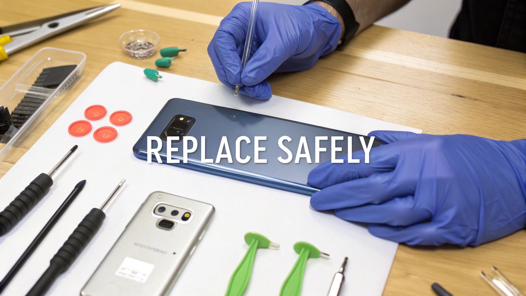 Technician wearing blue gloves replacing smartphone components with specialized tools for a safe repair.