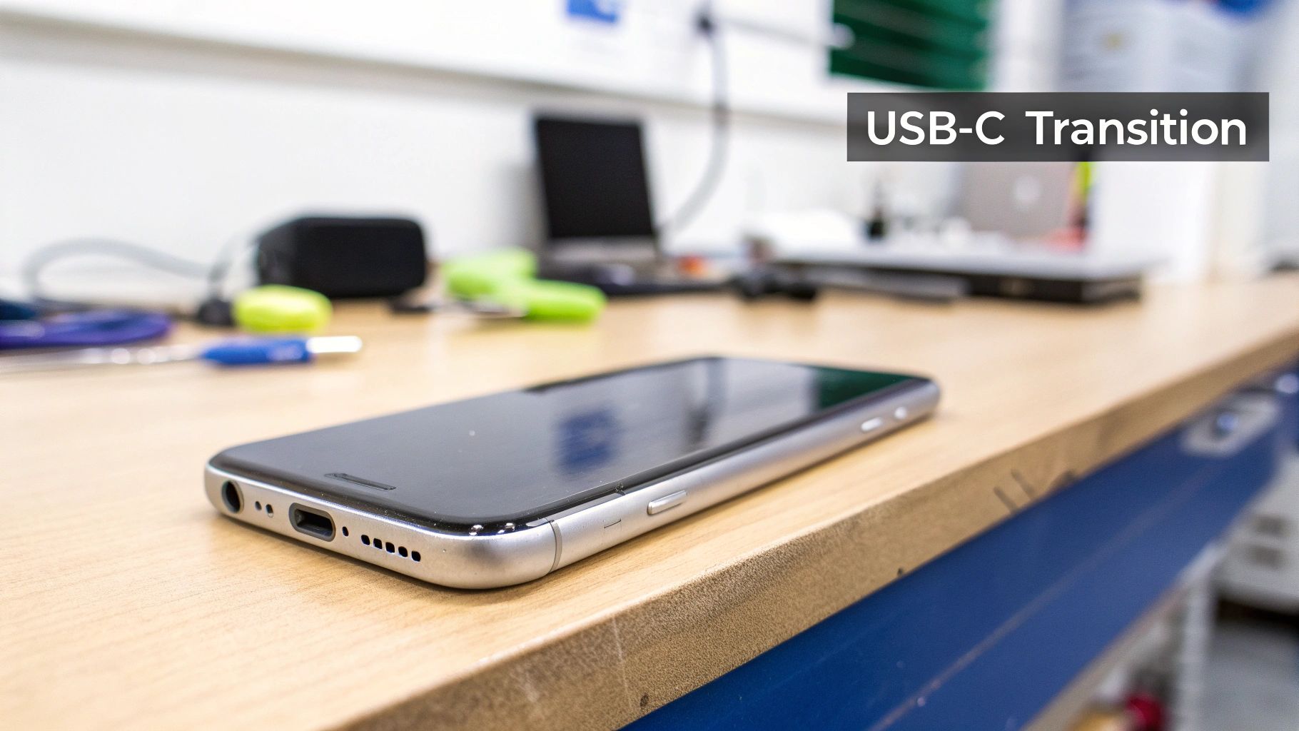A silver iPhone with a Lightning charging port and headphone jack lies on a wooden desk.