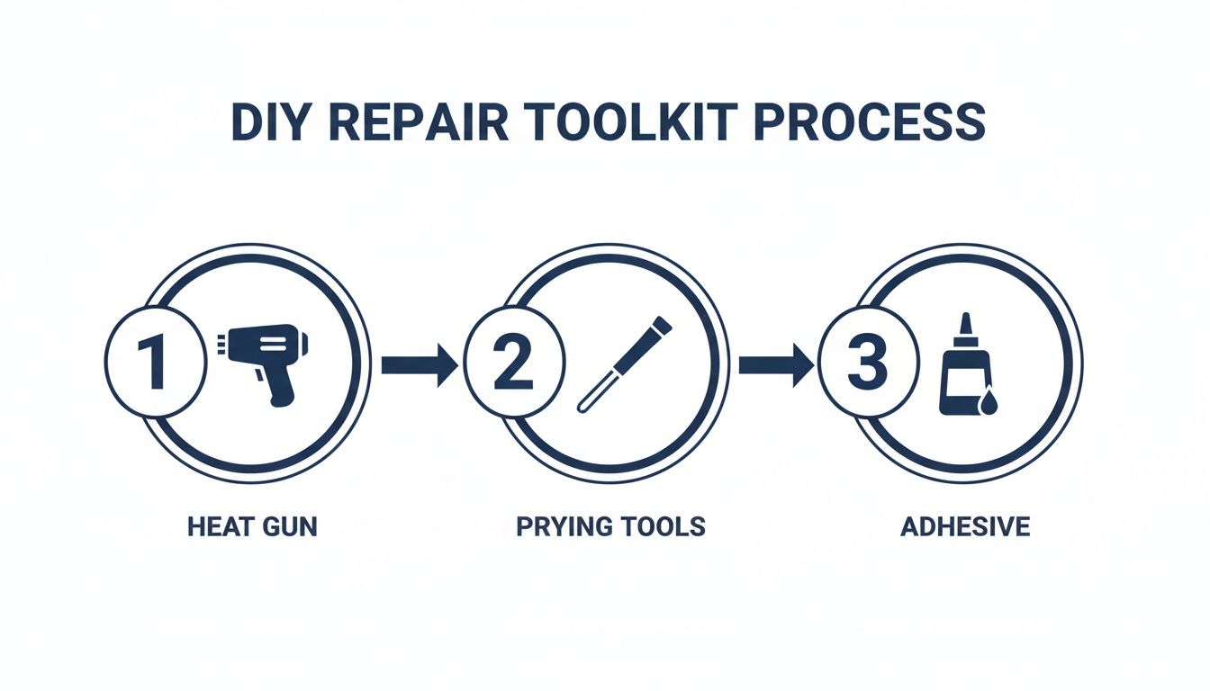 A diagram illustrating a DIY repair toolkit process with three steps: heat gun, prying tools, and adhesive.