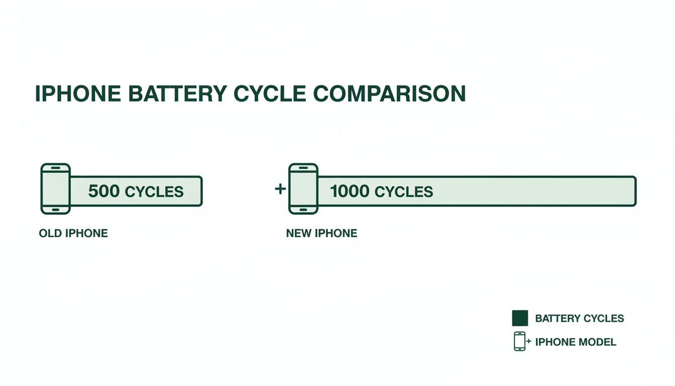 Comparison of iPhone battery cycles, illustrating old models support 500 cycles versus new models supporting 1000 cycles.
