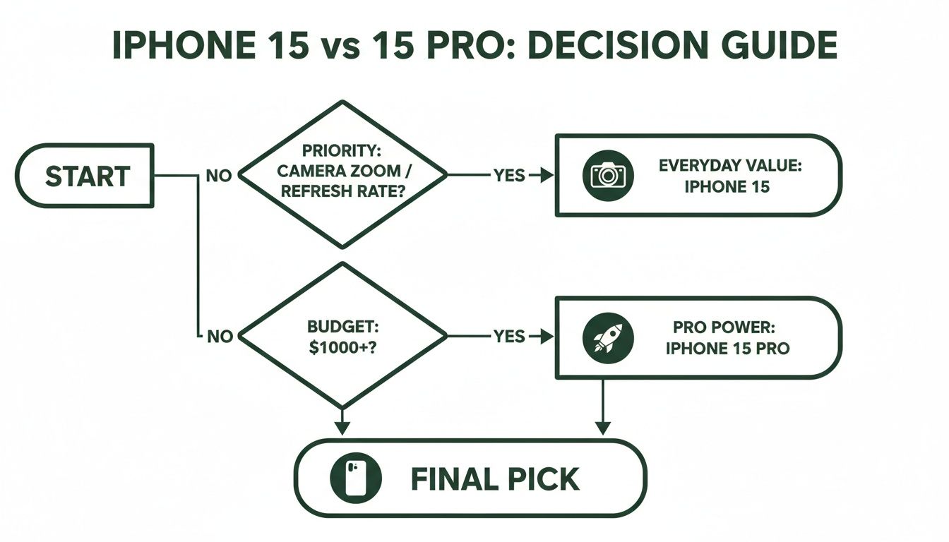 A flowchart guides users to choose between iPhone 15 and 15 Pro based on camera zoom, refresh rate, and budget considerations.