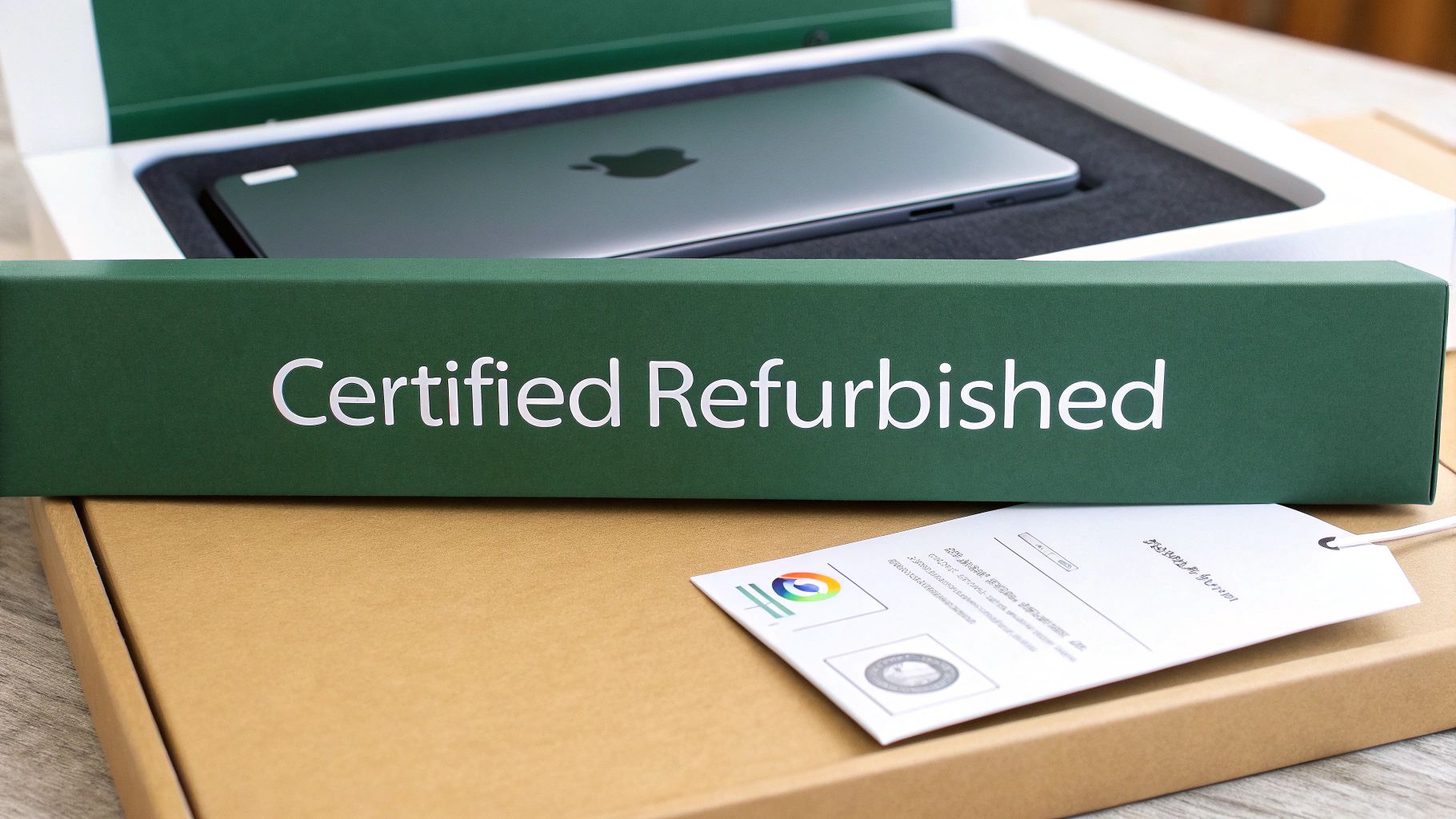 A green box labeled 'Certified Refurbished' with an Apple device inside its packaging, on top of a brown box.