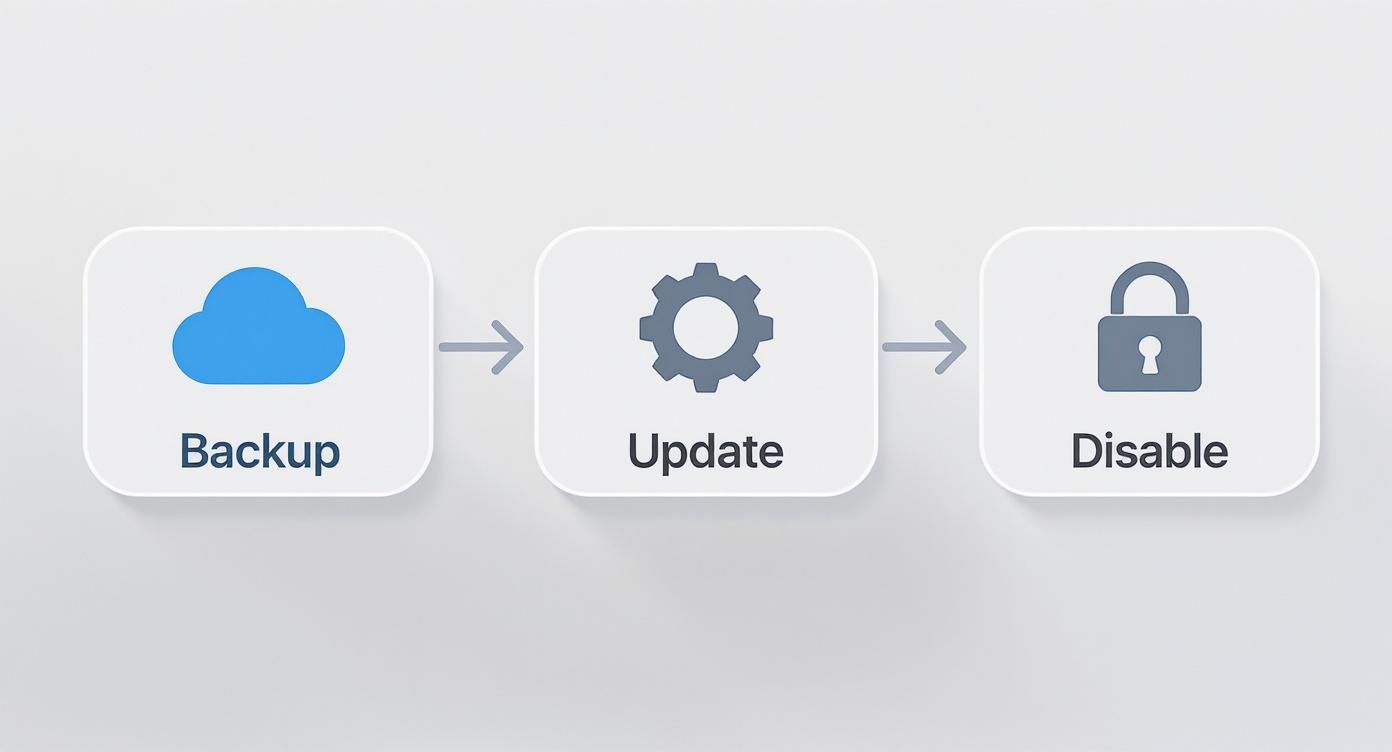 Three step workflow diagram showing backup, update, and disable process with cloud, gear, and lock icons