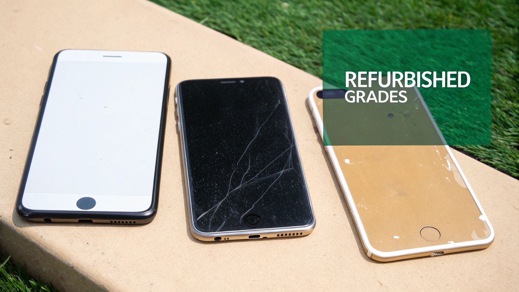 Three smartphones showcasing varying conditions from perfect to damaged, representing refurbished grades.