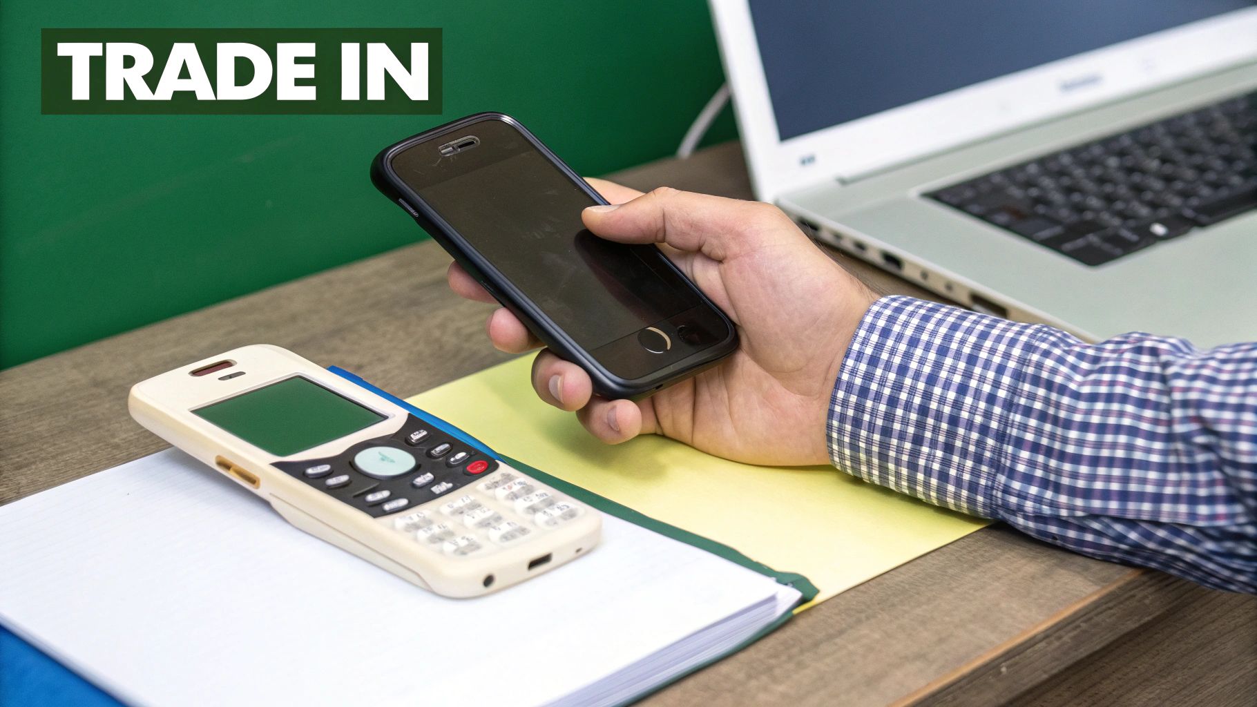 A person holding their old phone while looking at a new phone on a desk, symbolising a trade-in.