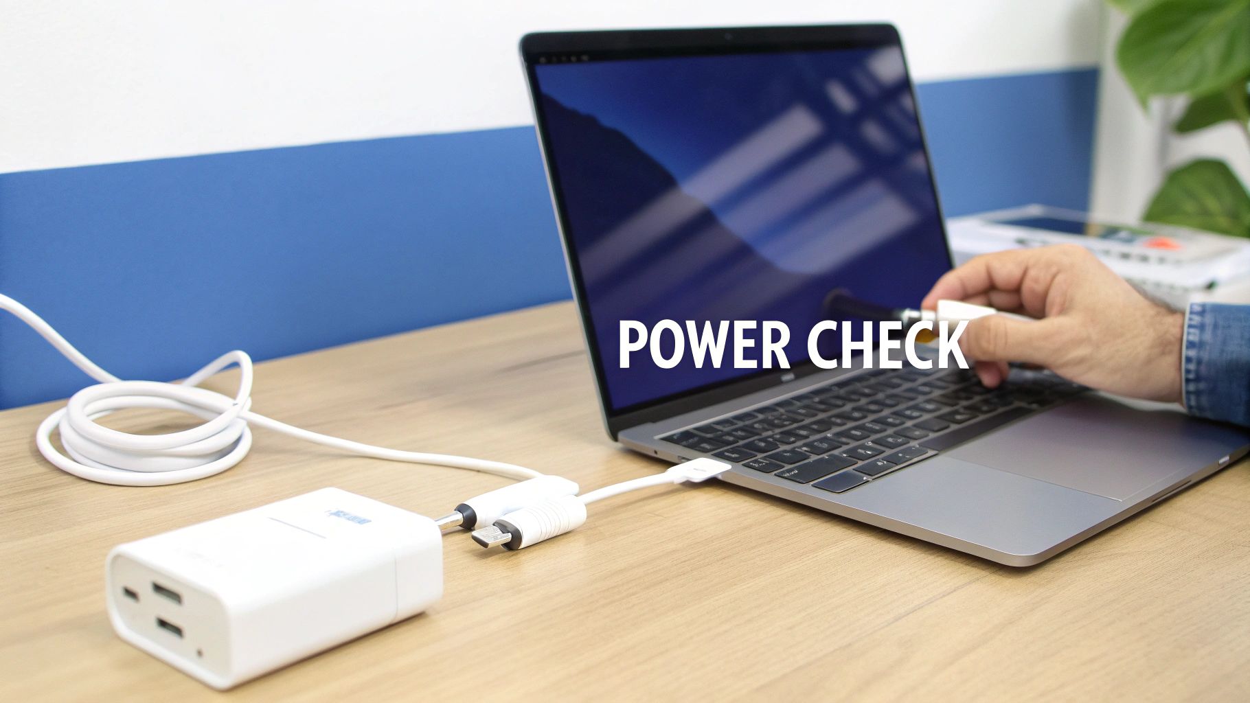 A person performs a power check on a MacBook Pro, connecting it to a white power bank.