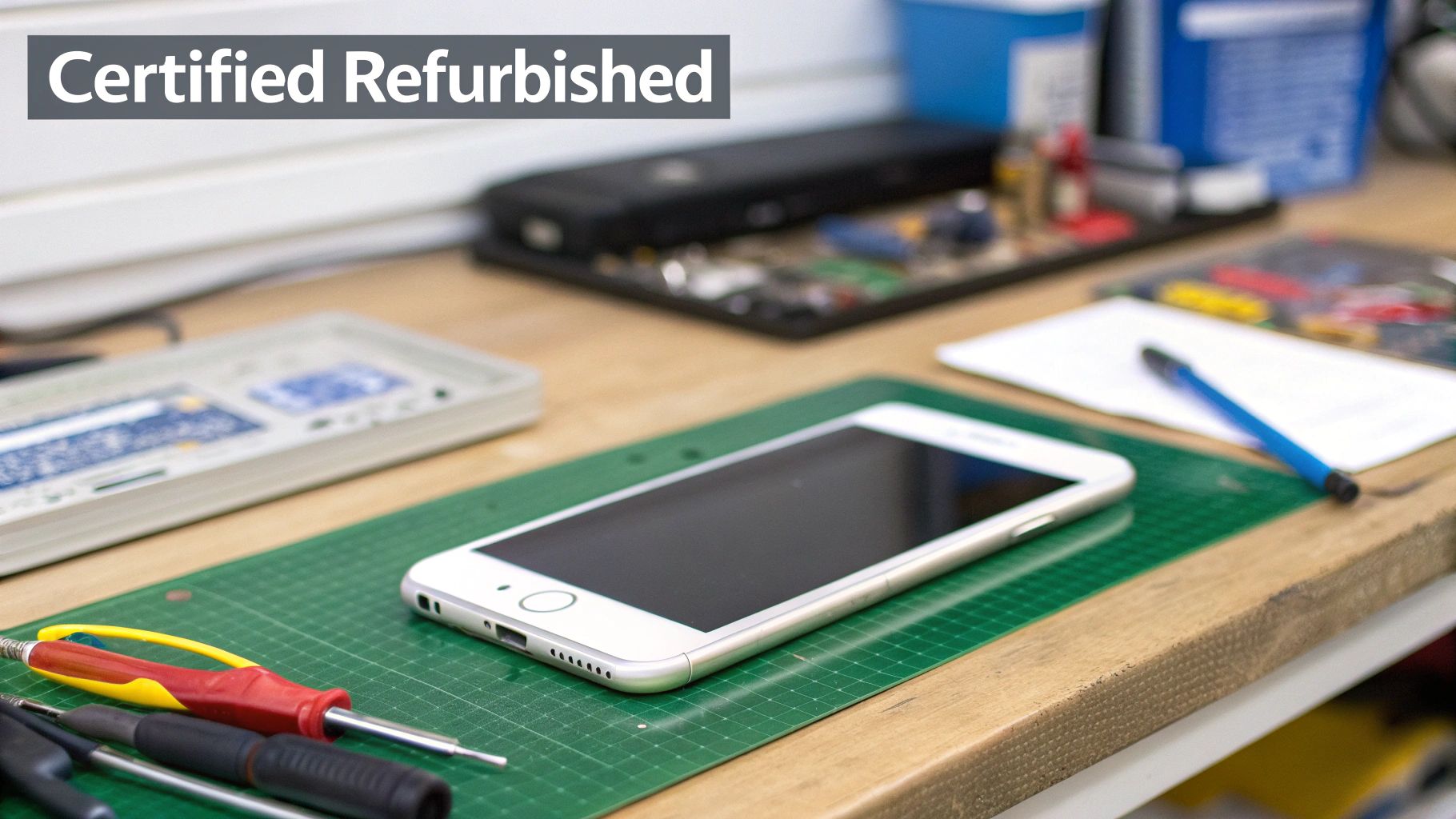 A 'Certified Refurbished' iPhone on a green mat with repair tools, signifying electronics refurbishment.