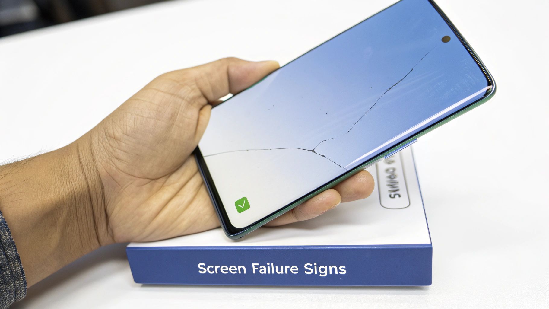 A hand holds a smartphone with a visibly cracked screen, positioned above a box saying "Screen Failure Signs."