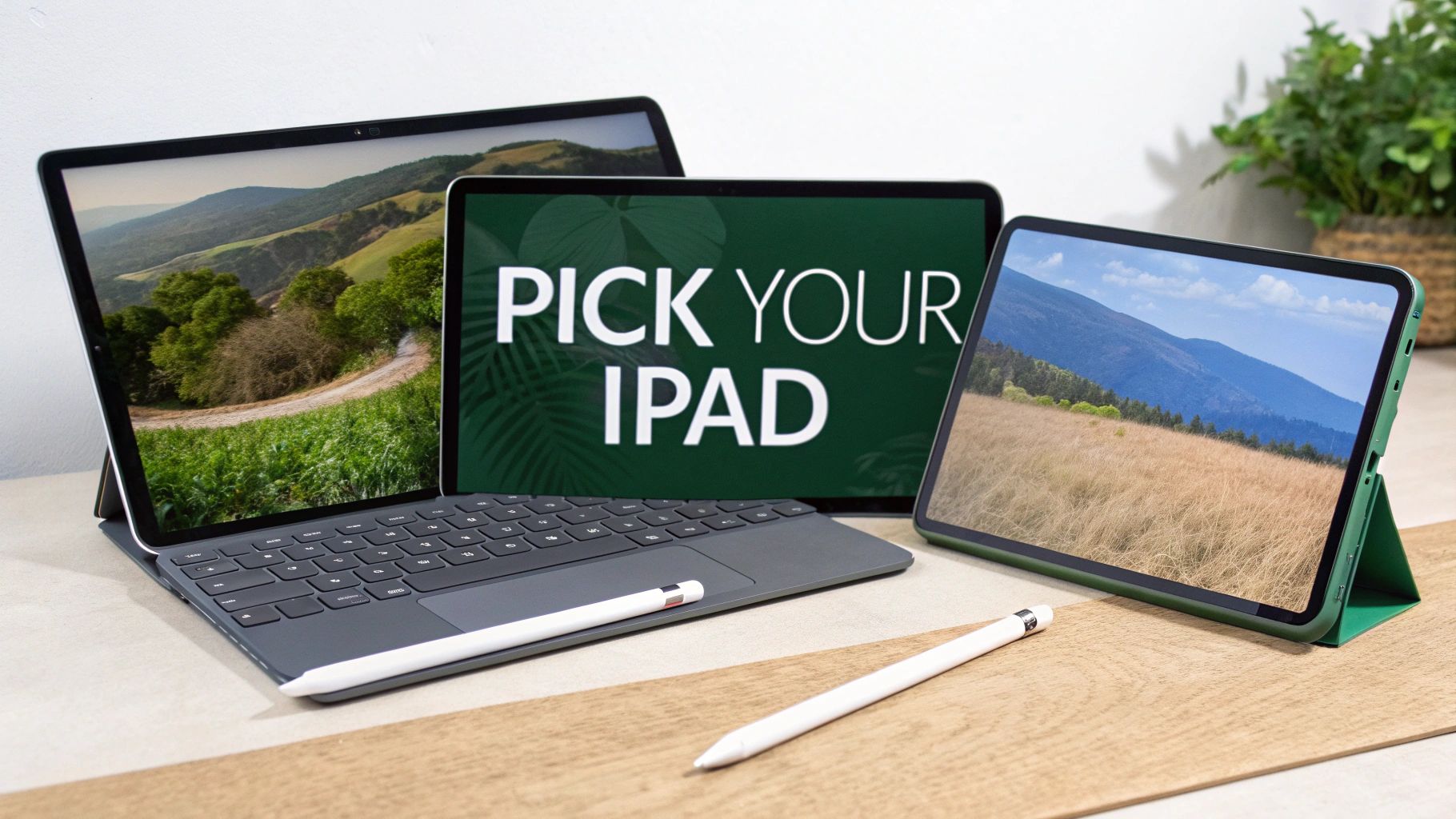 Three iPads and two Apple Pencils displayed on a desk, featuring different screen content.