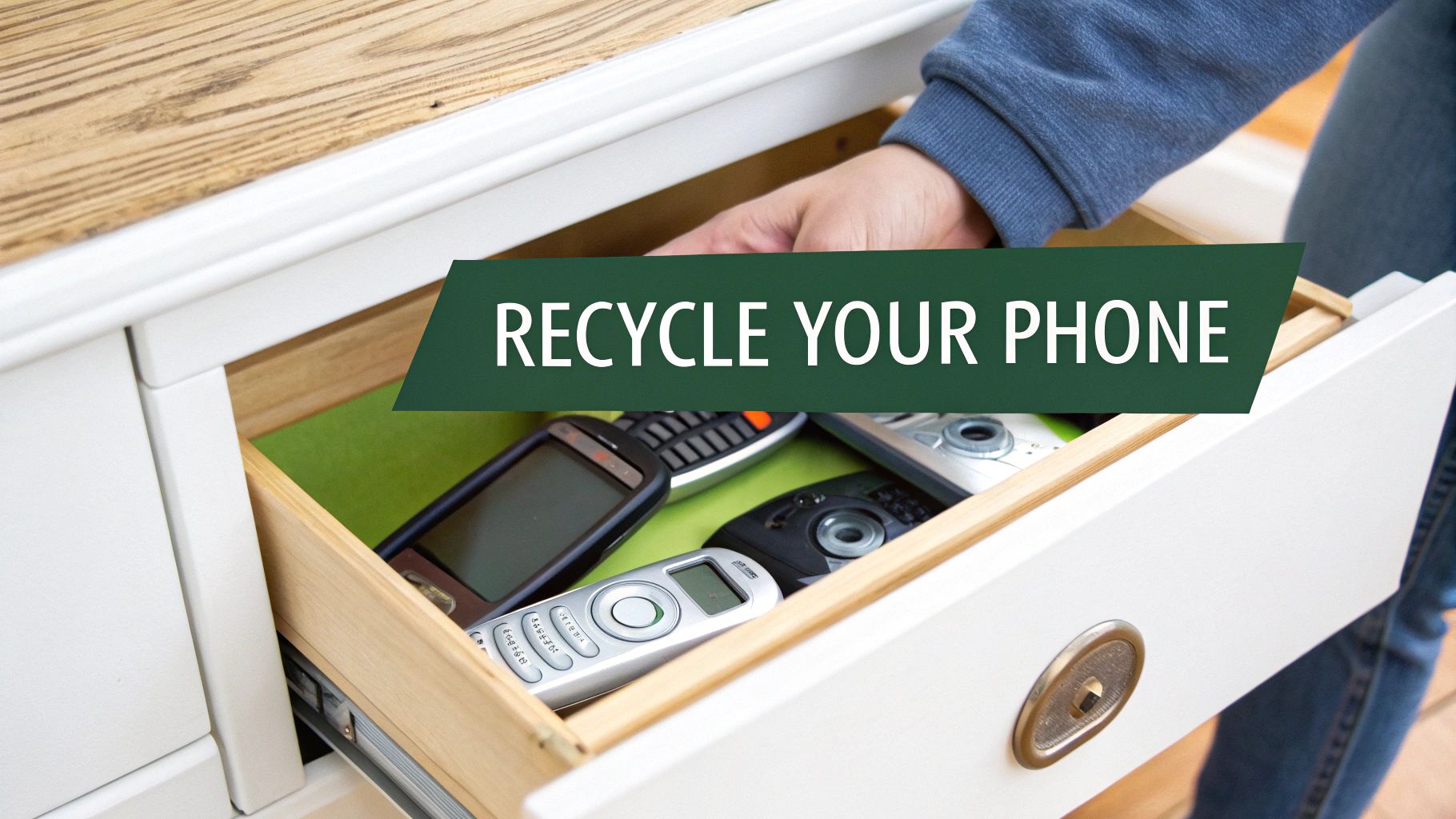 A hand reaches into a drawer filled with various old mobile phones, with an overlay prompting to recycle them.