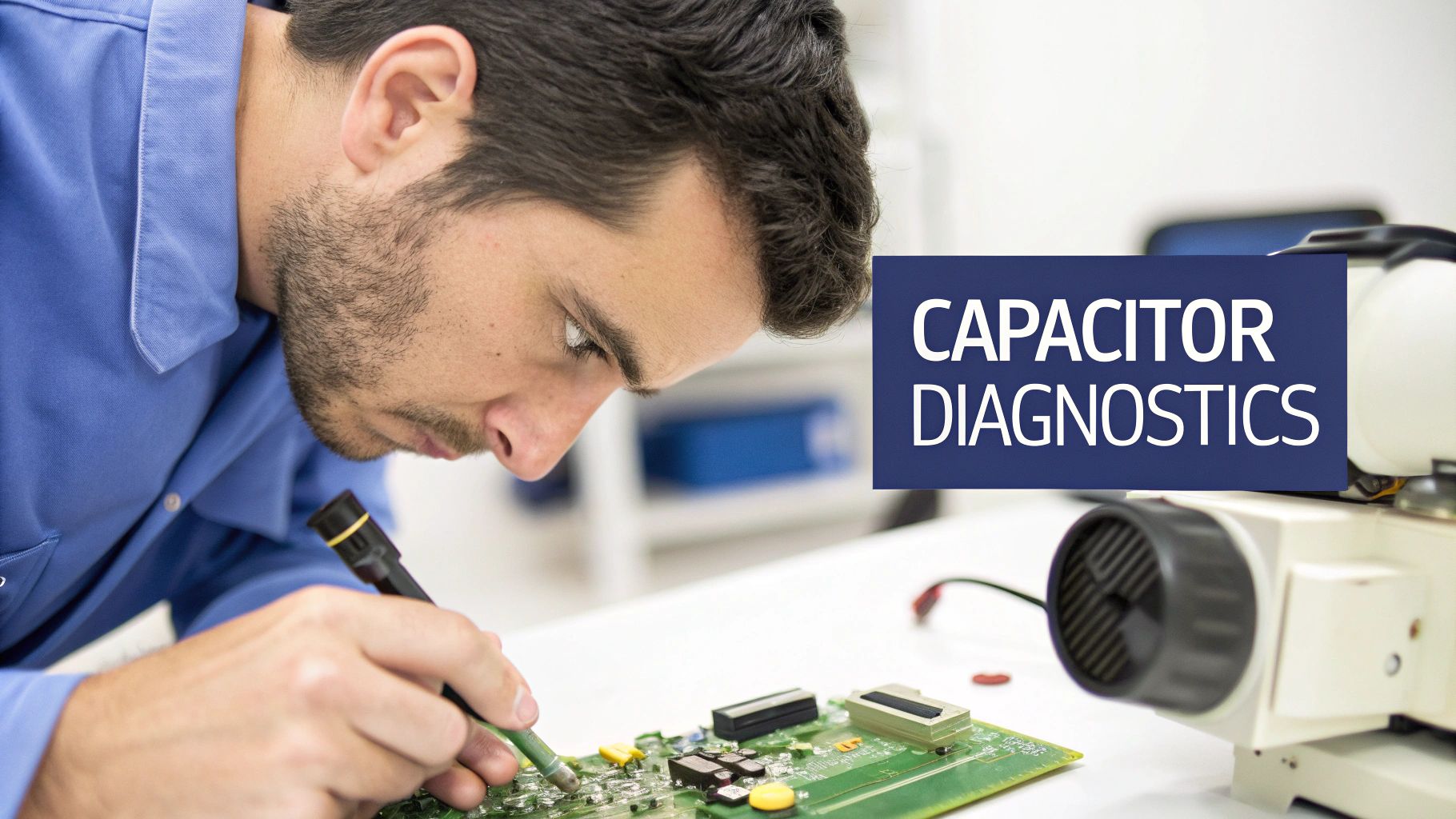 A technician closely examines a circuit board, performing capacitor diagnostics with a tool.