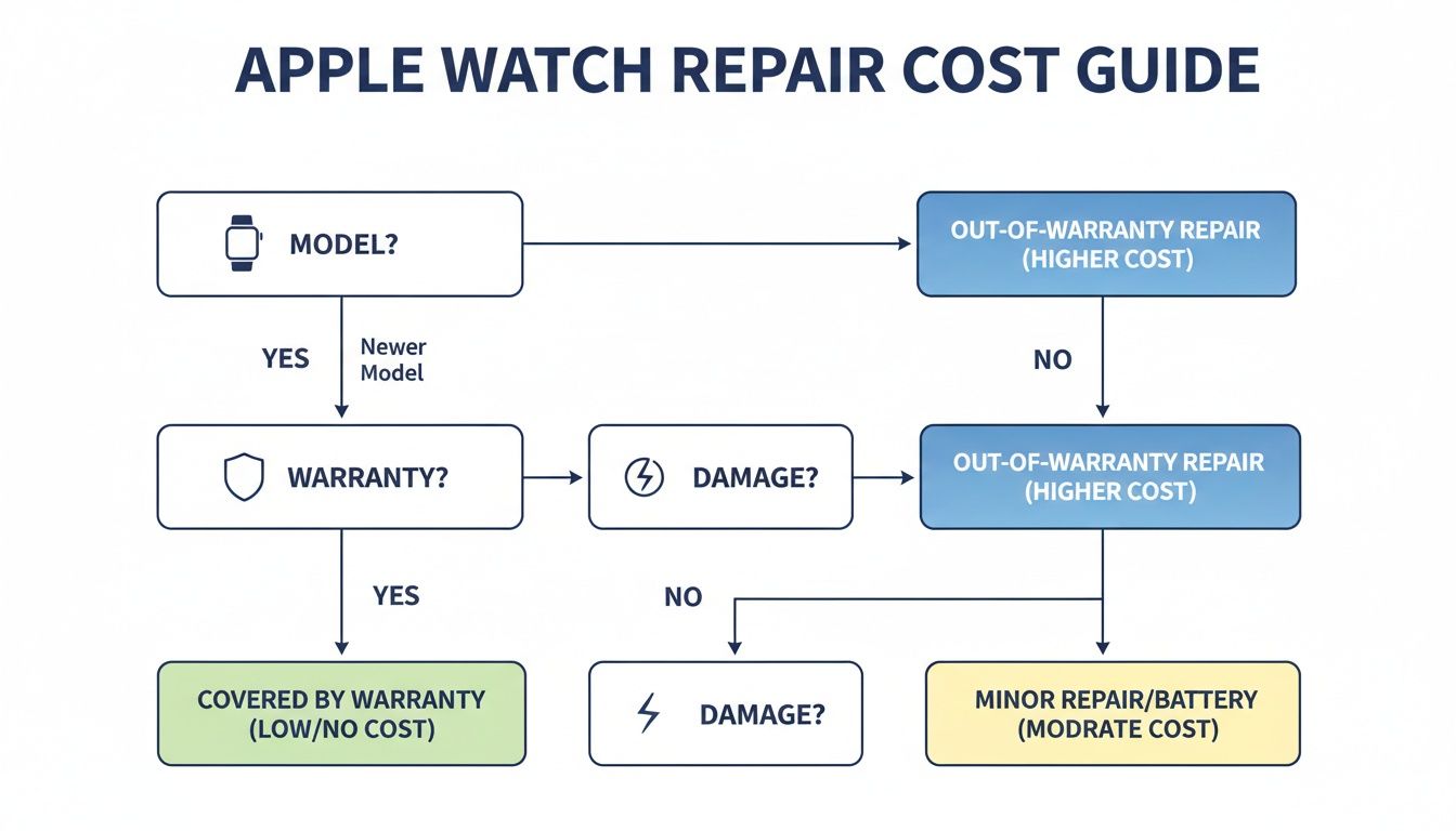 Flowchart guiding Apple Watch repair costs based on model, warranty status, and damage type.