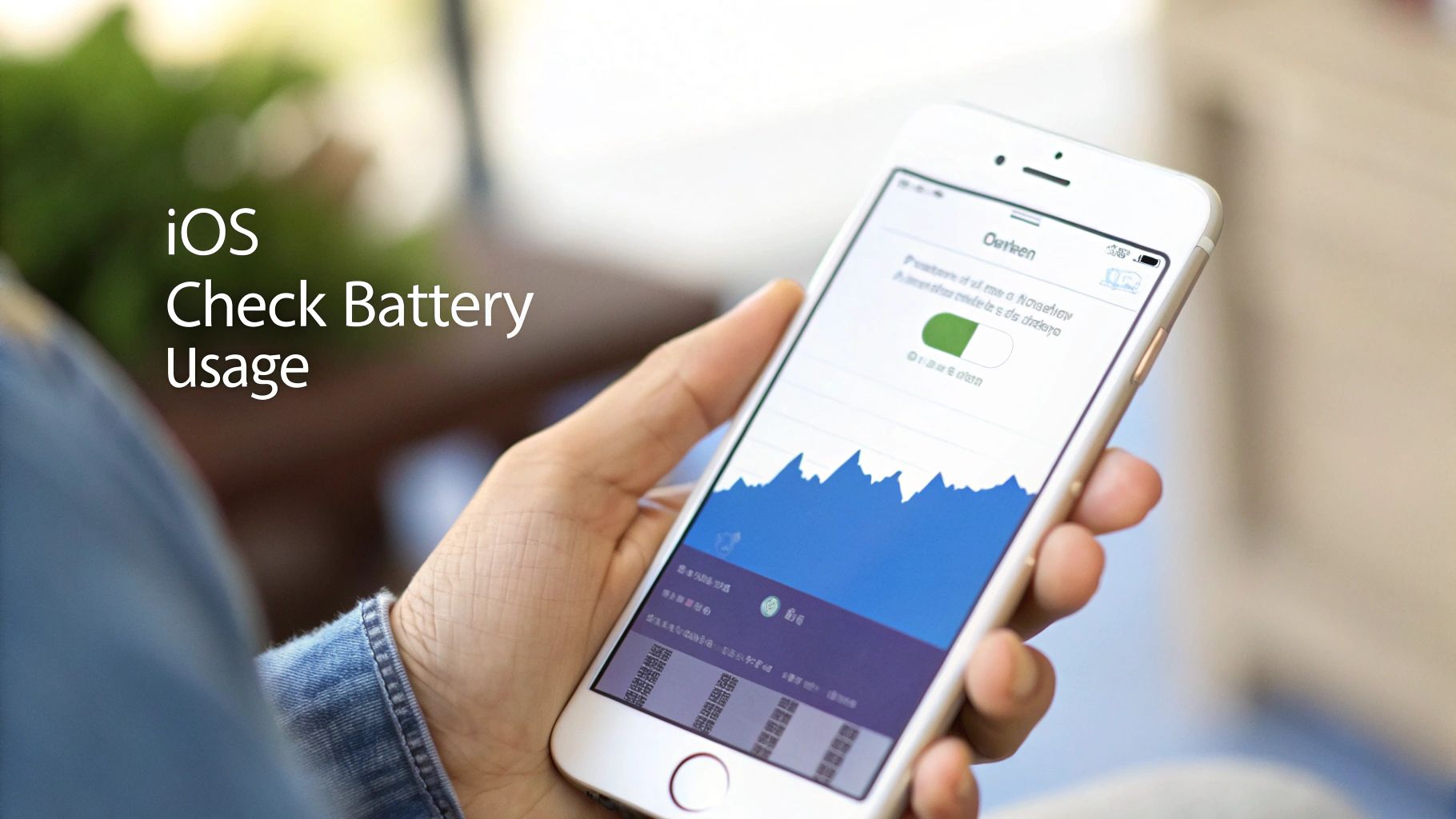 A hand holds an iPhone displaying a battery usage graph and statistics on screen.