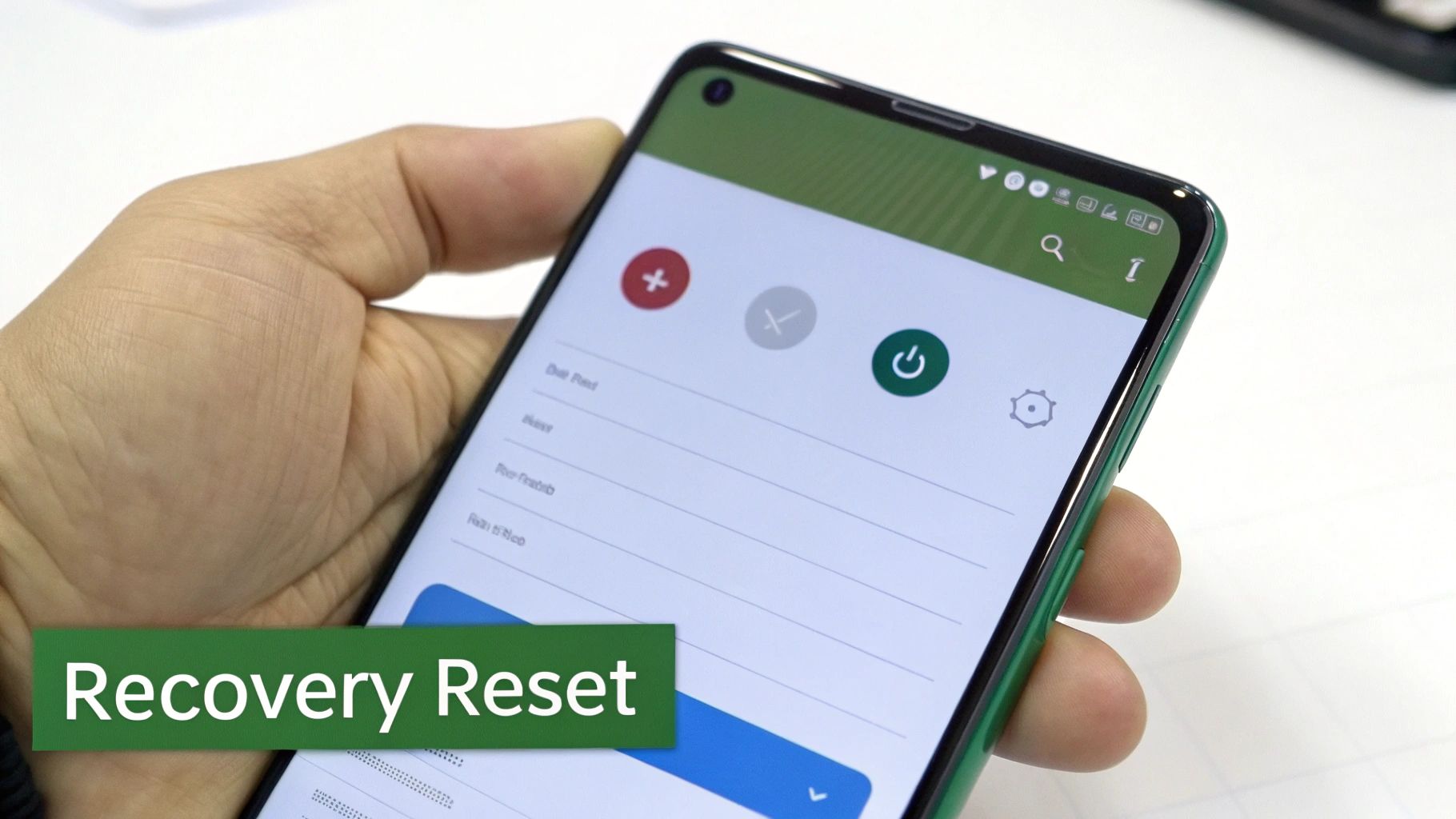 A hand holds a green Android phone displaying a recovery reset menu on its screen.