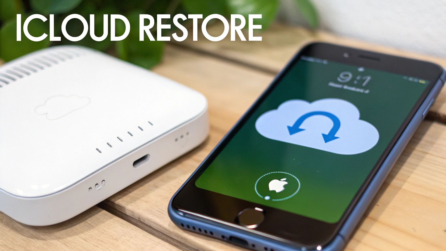 An iPhone displaying an iCloud restore screen next to an Apple network device, indicating data transfer.