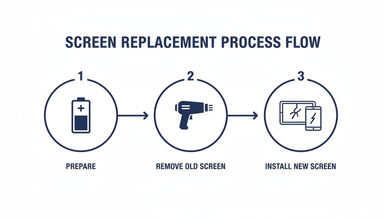 A three-step screen replacement process flow diagram, showing preparation, old screen removal with a heat gun, and new screen installation on a tablet and phone.