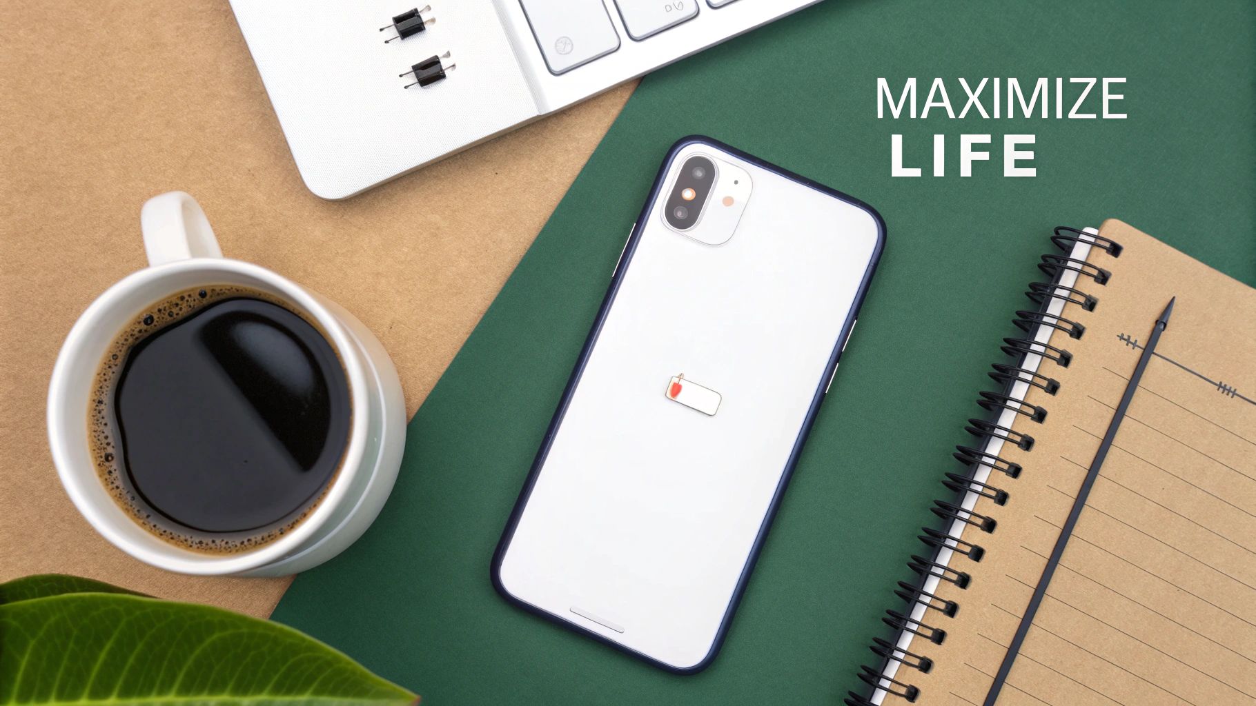 A flat lay features a coffee cup, laptop, smartphone with low battery, notebook, and 'MAXIMIZE LIFE' text.