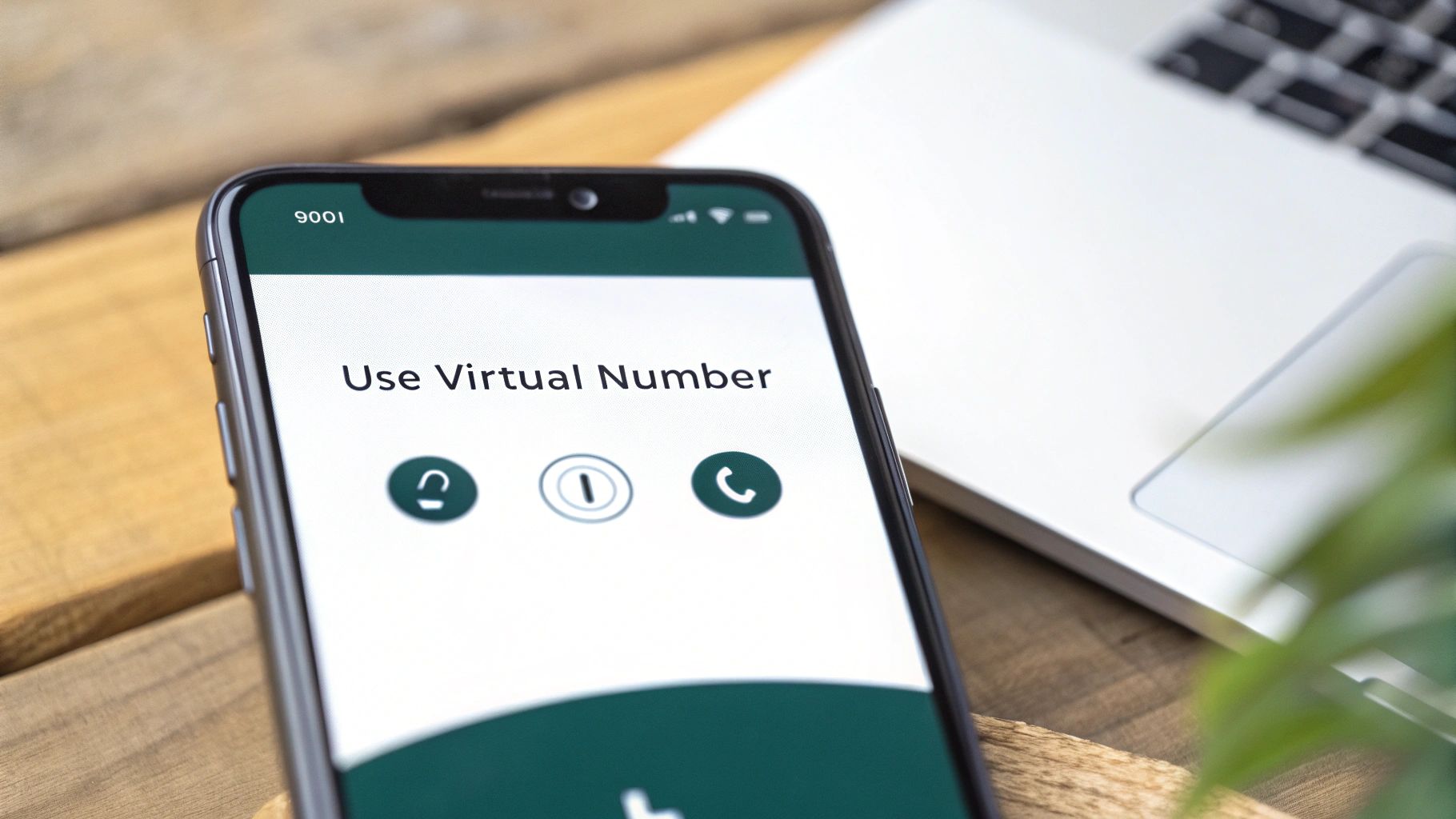 A smartphone screen displays 'Use Virtual Number' with three action icons on a wooden desk.