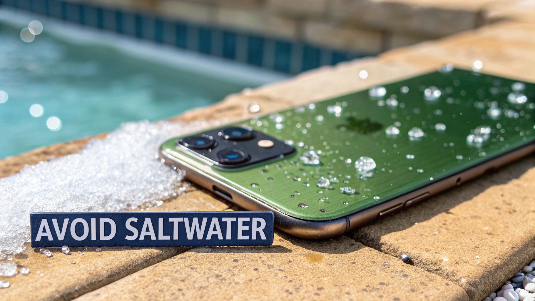 An iPhone 11 partially submerged in clear water, with ripples creating a dynamic effect.