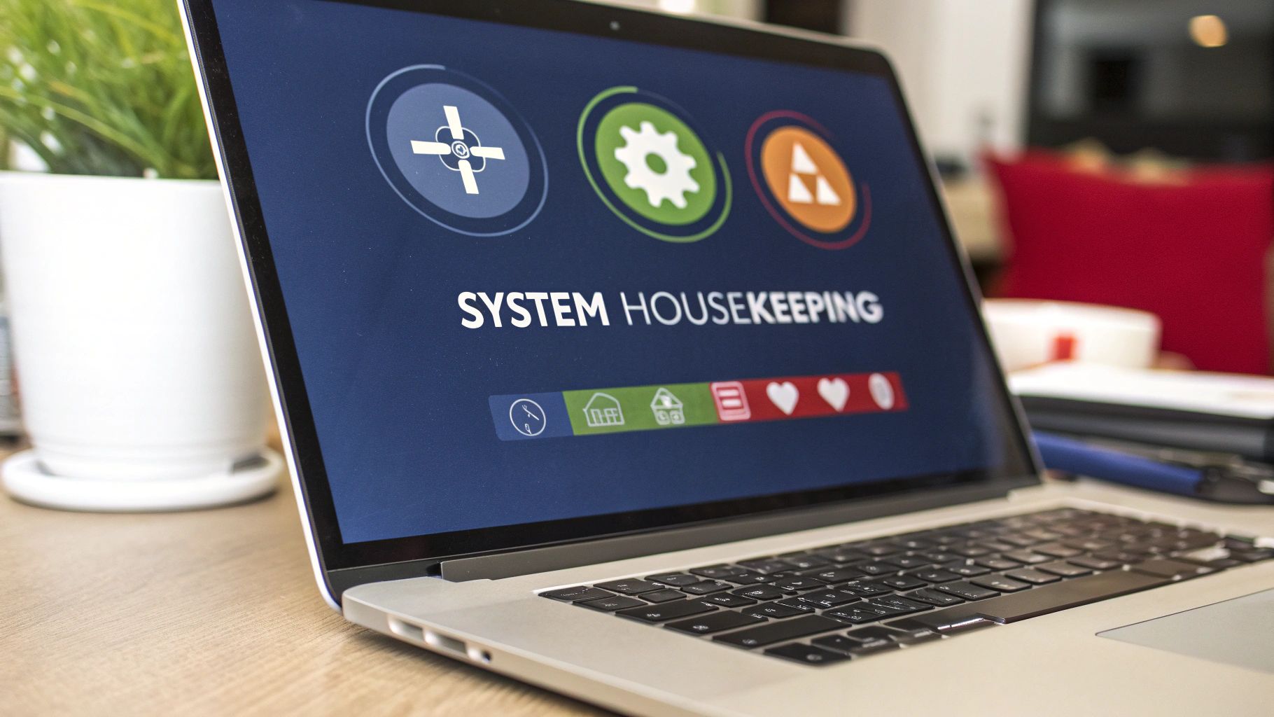 A MacBook laptop screen displaying 'SYSTEM HOUSEKEEPING' with various utility and setting icons.