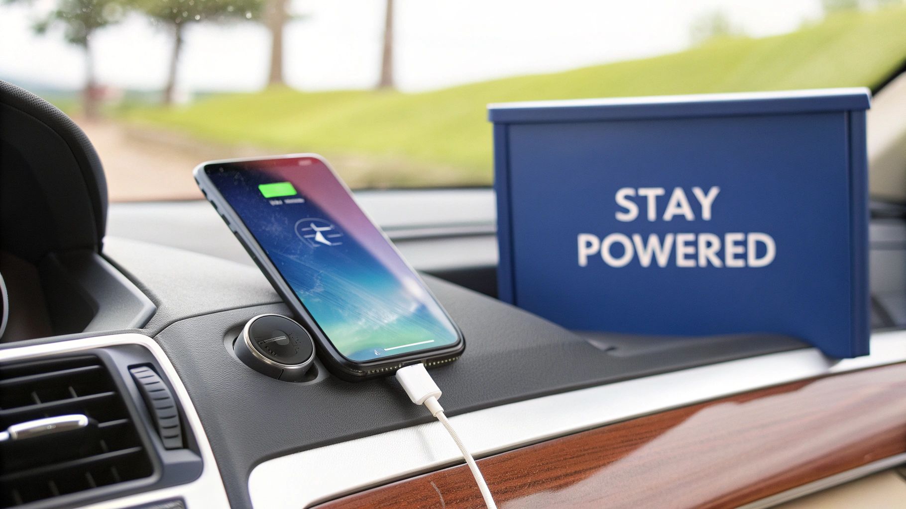 A smartphone charging on a car dashboard with a 'STAY POWERED' box in the background.