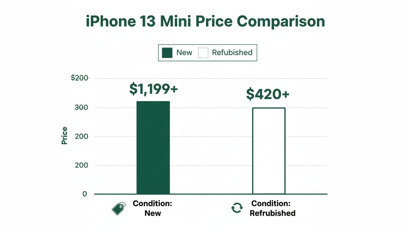A bar chart comparing iPhone 13 Mini prices: New at $1,199+ and Refurbished at $420+.