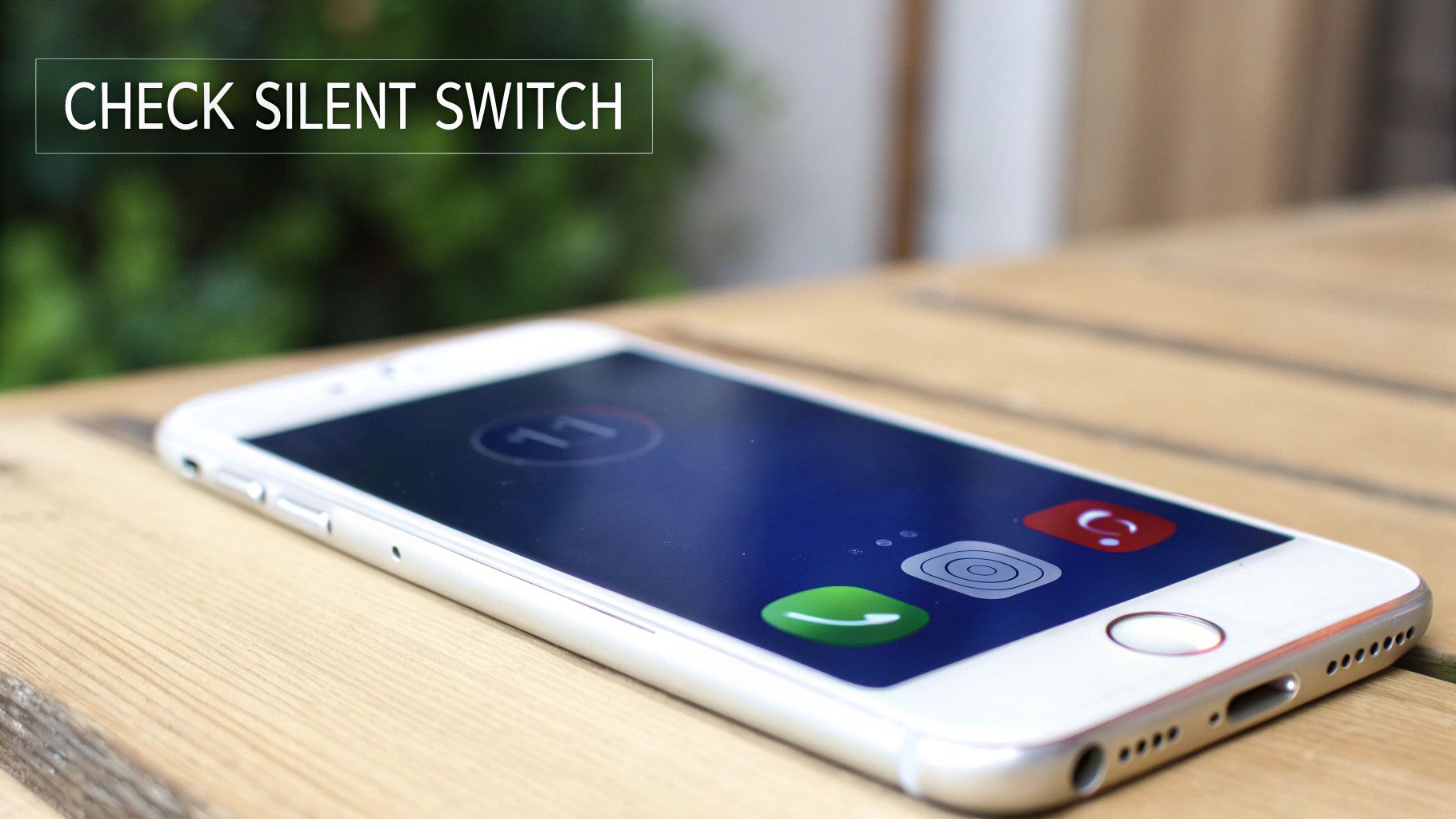 An iPhone displaying a call screen on a wooden table, with an overlay 'CHECK SILENT SWITCH'.