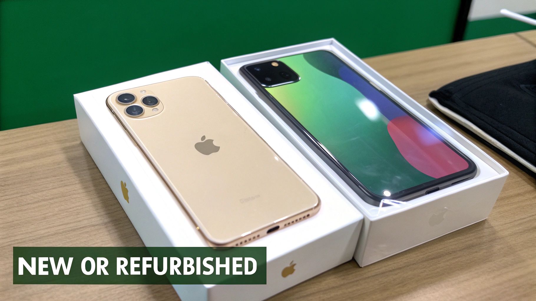 Two iPhones in white boxes on a wooden table, one gold and one with a colorful screen, with text overlay: NEW OR REFURBISHED.