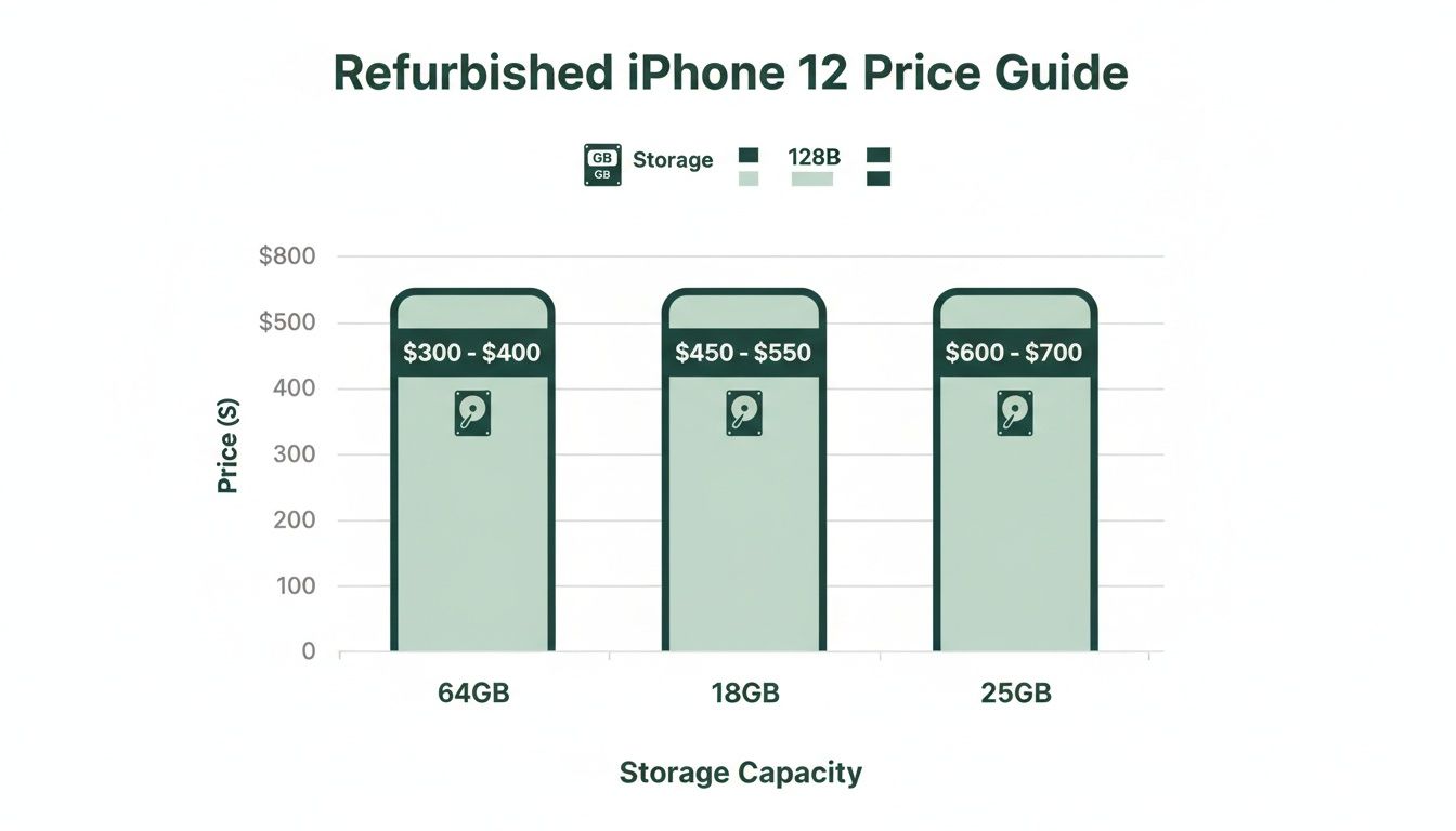 Bar chart displaying refurbished iPhone 12 price ranges for 64GB, 18GB, and 25GB storage capacities.