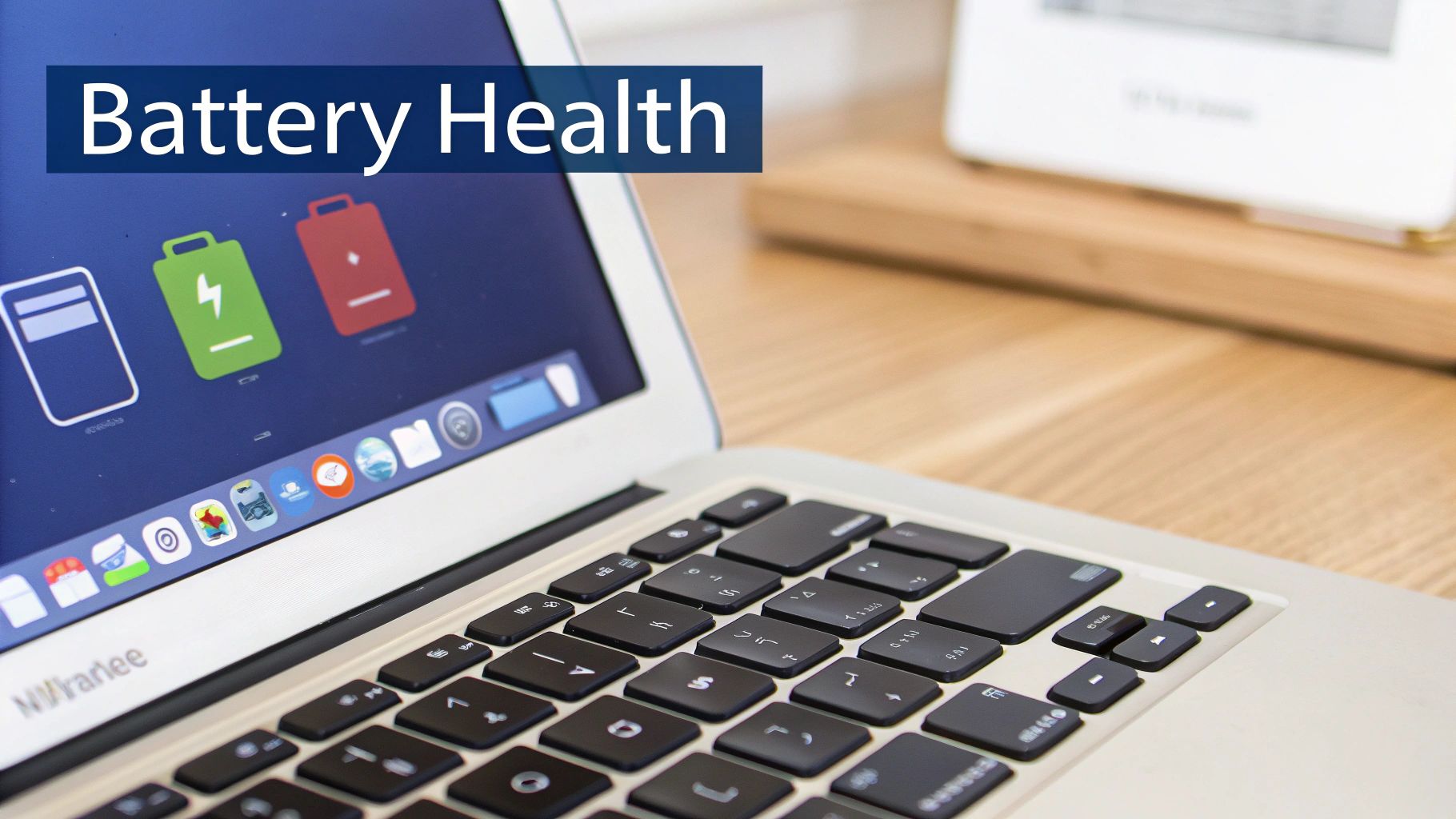 Laptop screen displaying battery health status with green charged and red depleted battery icons