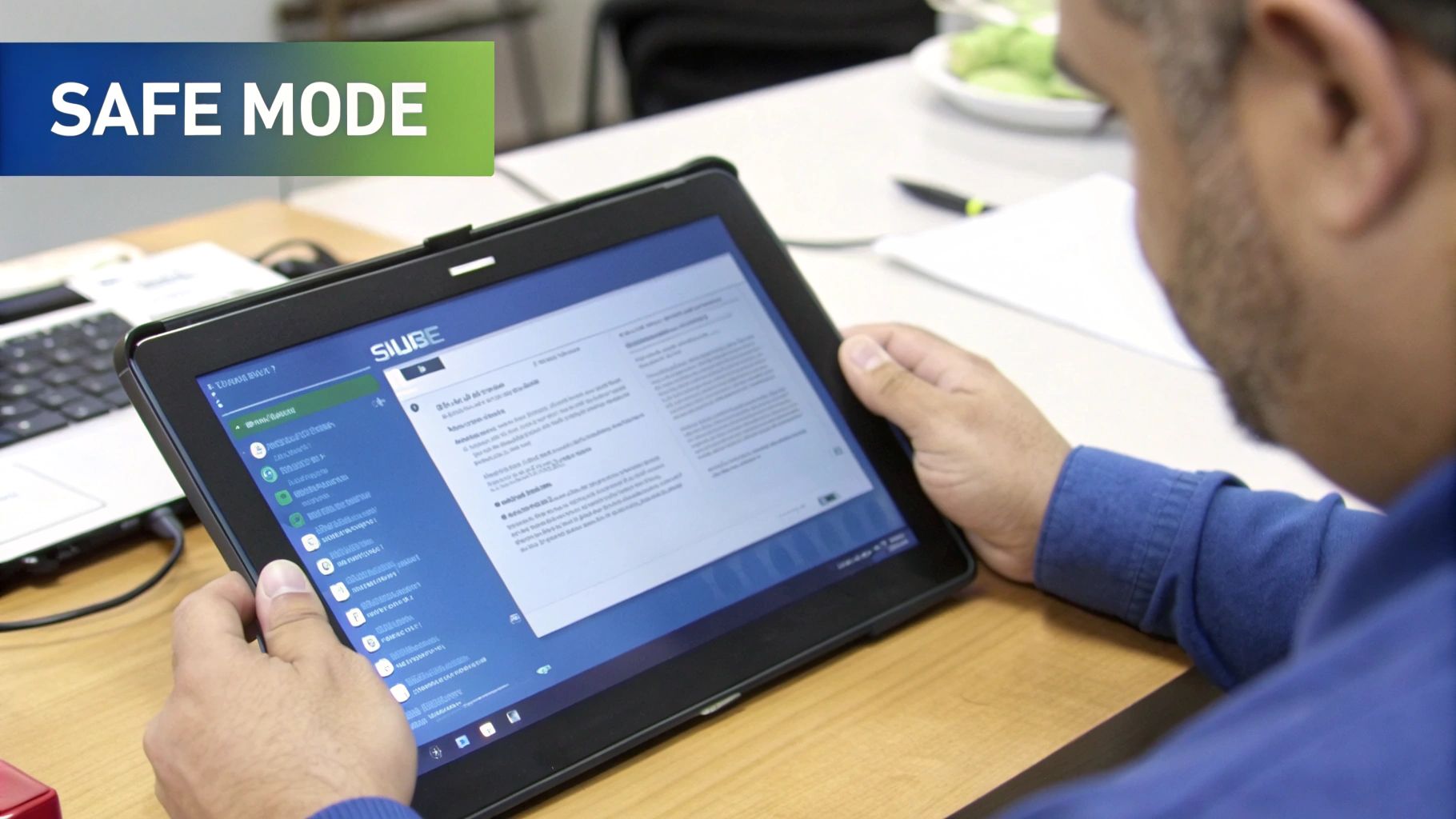A man holds a black tablet displaying a blue interface and a 'SAFE MODE' banner.