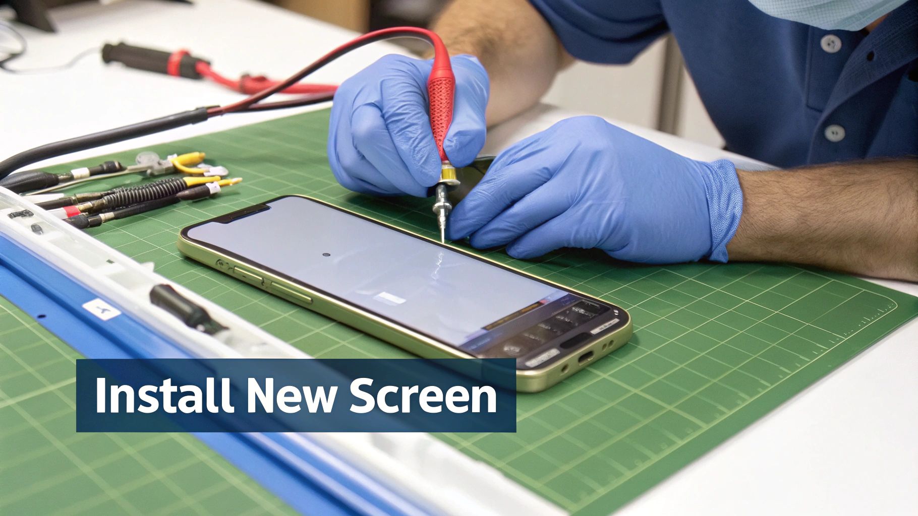 A new iPhone 15 Pro Max screen being carefully aligned over the phone's body during a repair.