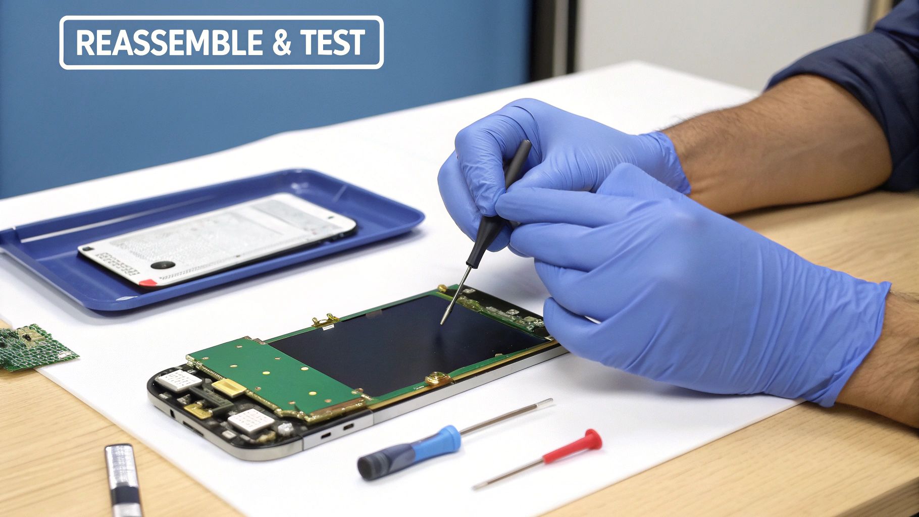 A person in blue gloves reassembling a smartphone with a screwdriver on a workbench for testing.