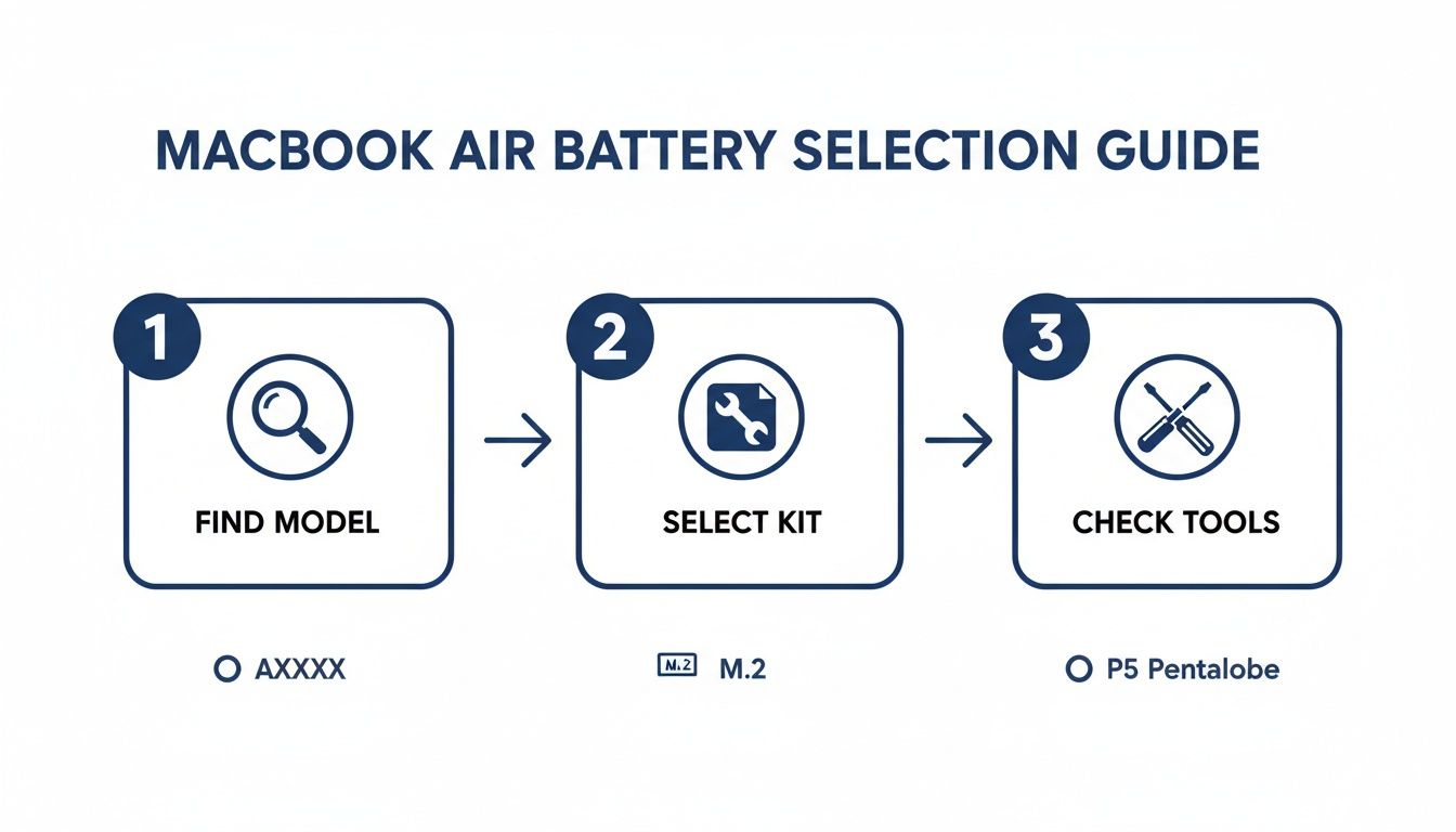MacBook Air battery selection guide workflow showing three steps: Find Model, Select Kit, and Check Tools.
