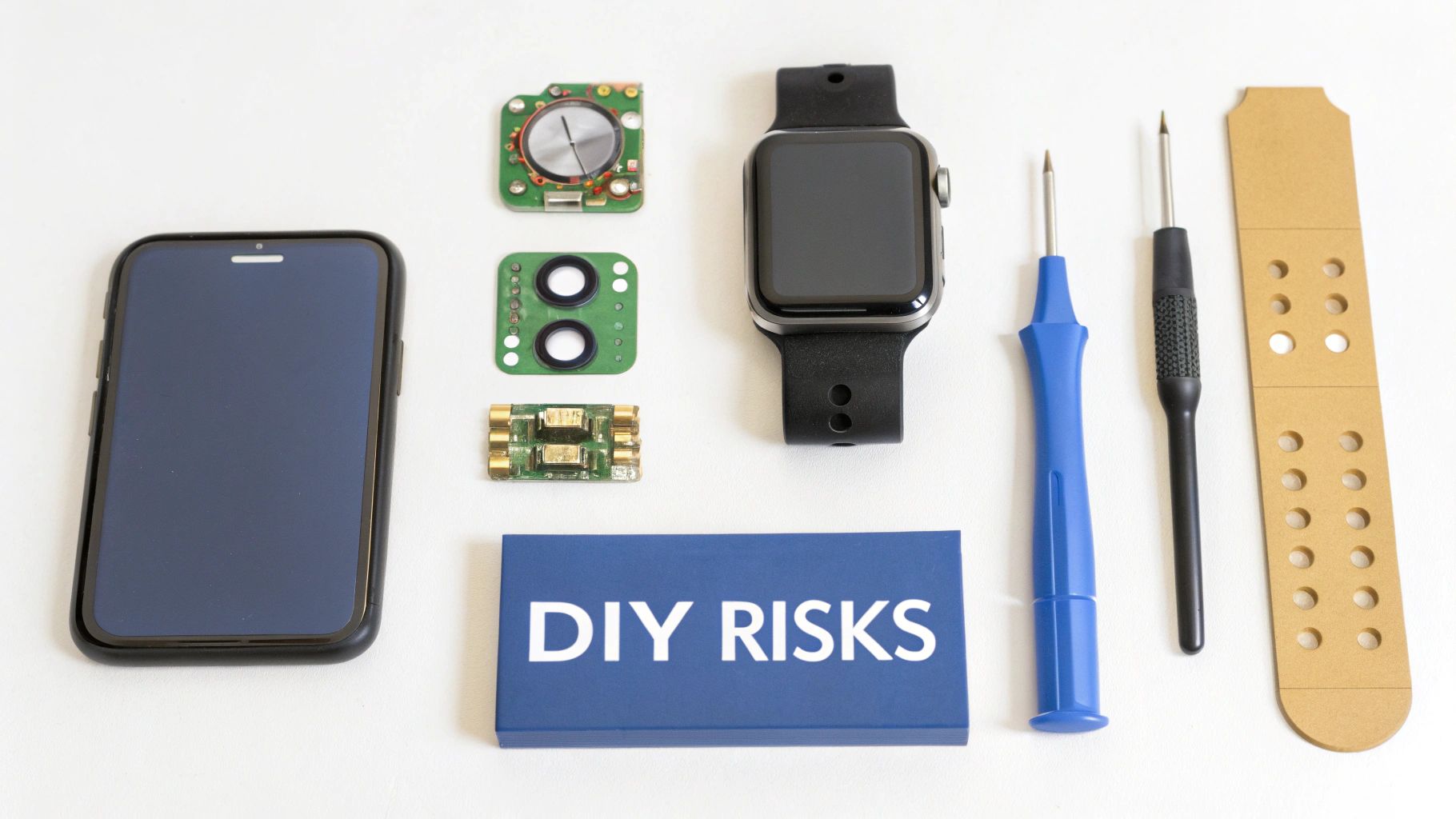 An Apple Watch, iPhone, electronic components, repair tools, and a 'DIY RISKS' box on white.